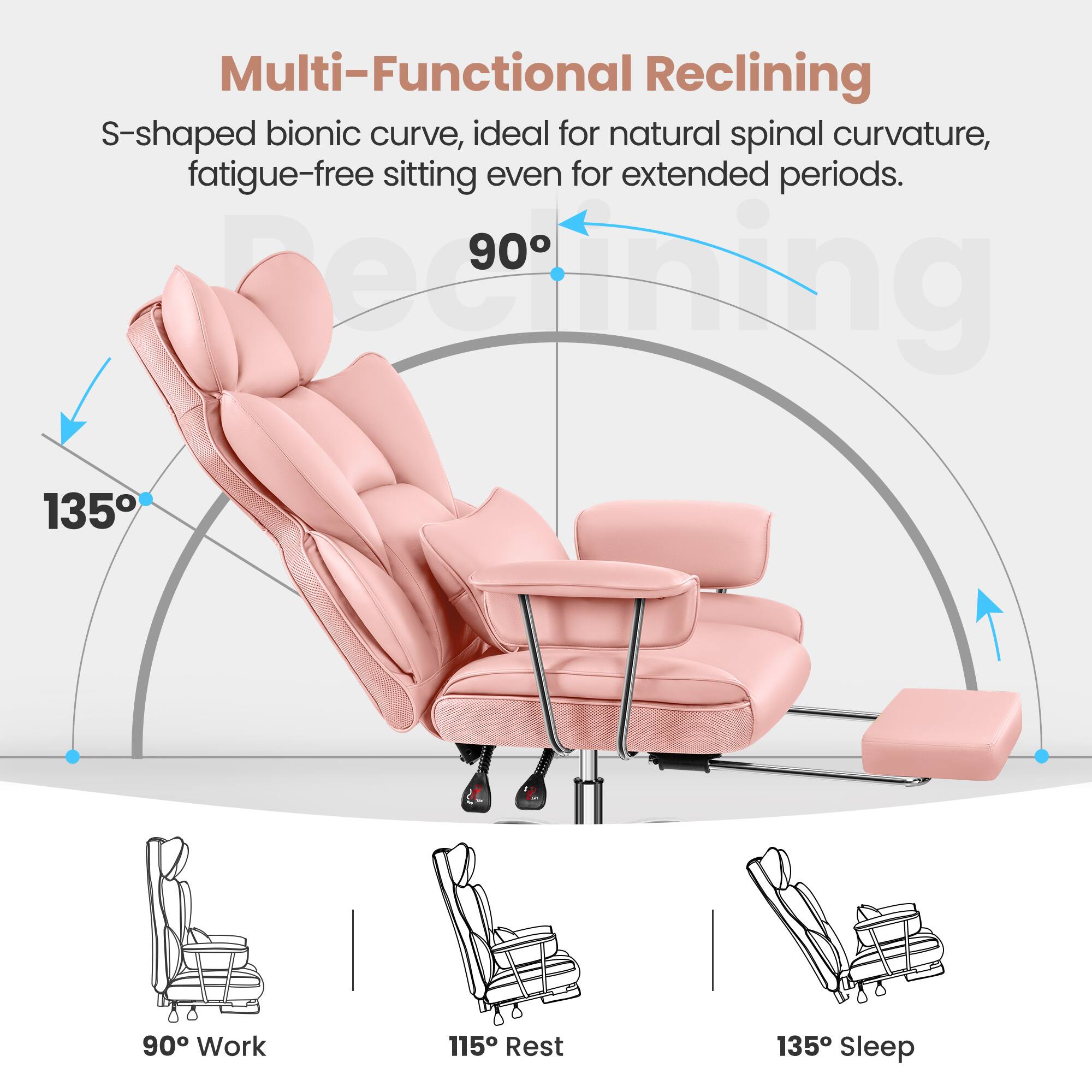 Multi-Functional Reclining S-shaped bionic curve, ideal for natural spinal curvature, fatigue-free sitting even for extended periods. 90° Work 115° Rest 135° Sleep