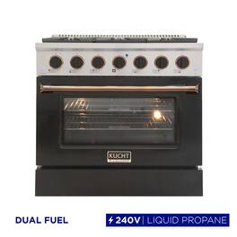 Kucht - 36" Dual Fuel Range for LP, SS/Black Door, Black Knobs, Gold Handle & Rings, Convection Oven - Black/Gold