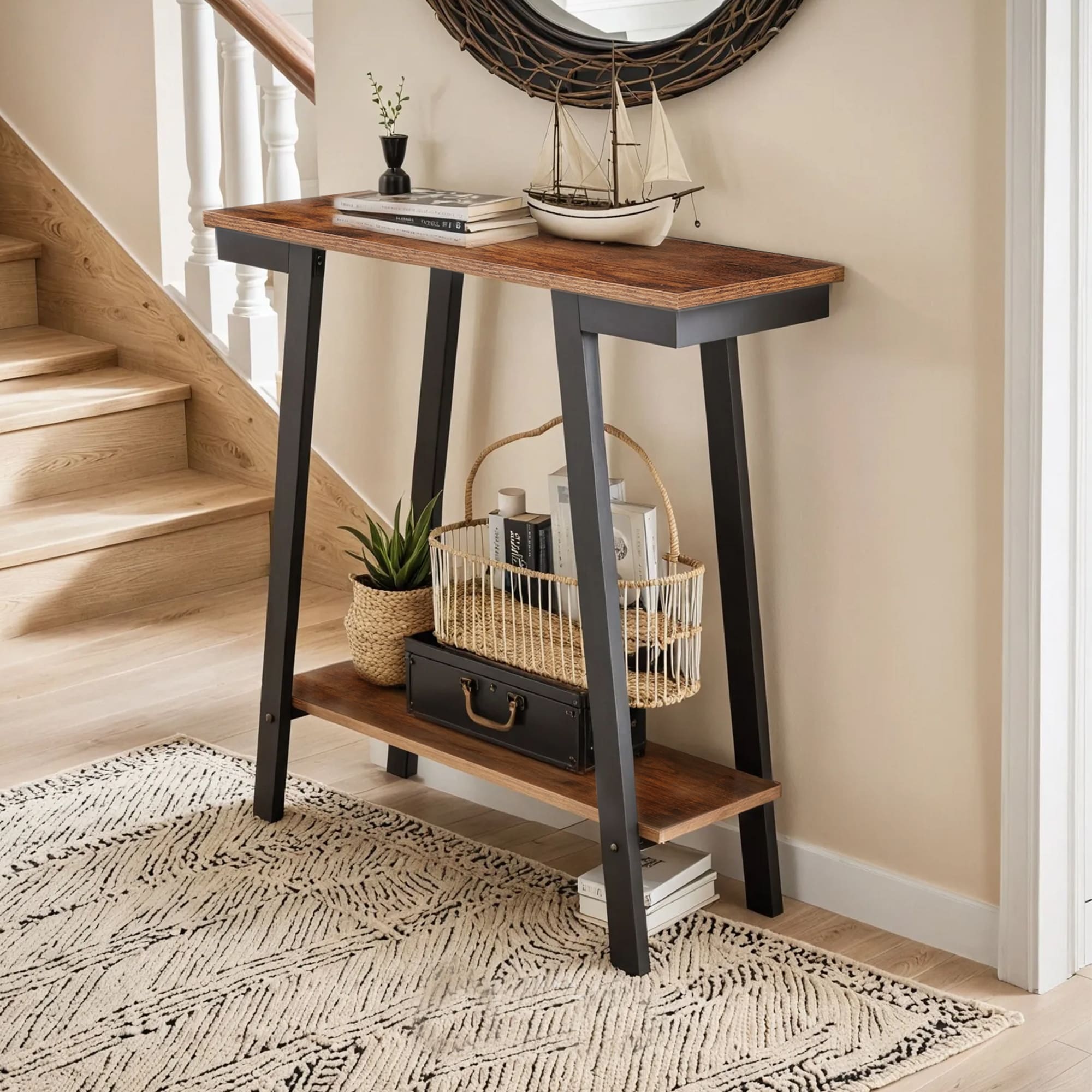 Angle. U-HOMY - Rustic Wood Console Table with Shelves, 29.5"H Narrow Entryway Sofa Table for Hallway/Behind Couch - 30"W.