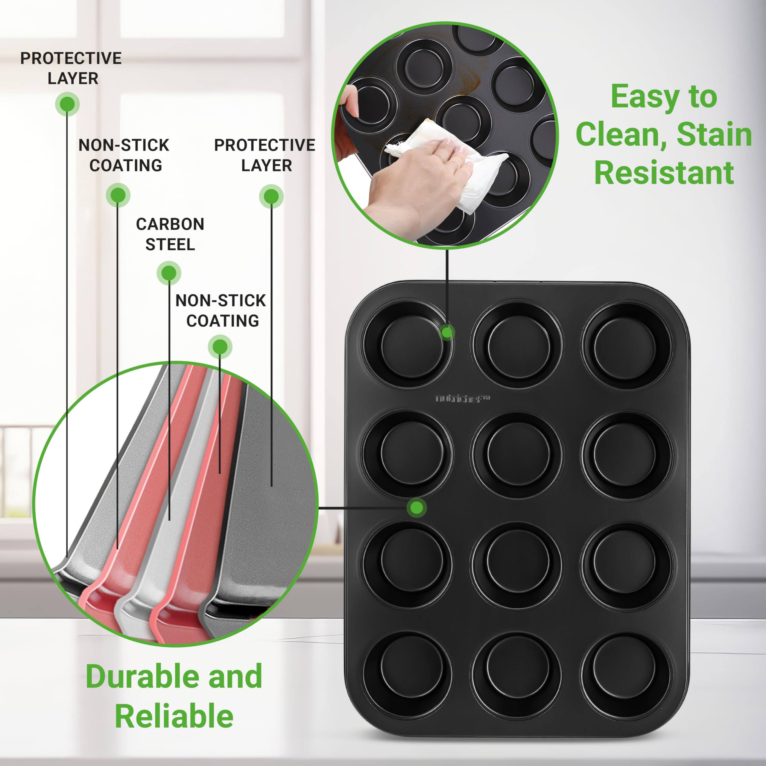- PROTECTIVE LAYER
- NON-STICK COATING
- CARBON STEEL
- NON-STICK COATING
- PROTECTIVE LAYER

- Easy to Clean, Stain Resistant
- Durable and Reliable