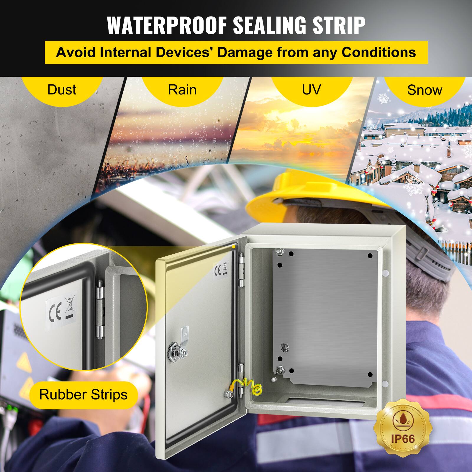 WATERPROOF SEALING STRIP  
Avoid Internal Devices' Damage from any Conditions  
Dust  
Rain  
UV  
Snow  
CE  
Rubber Strips  
IP66