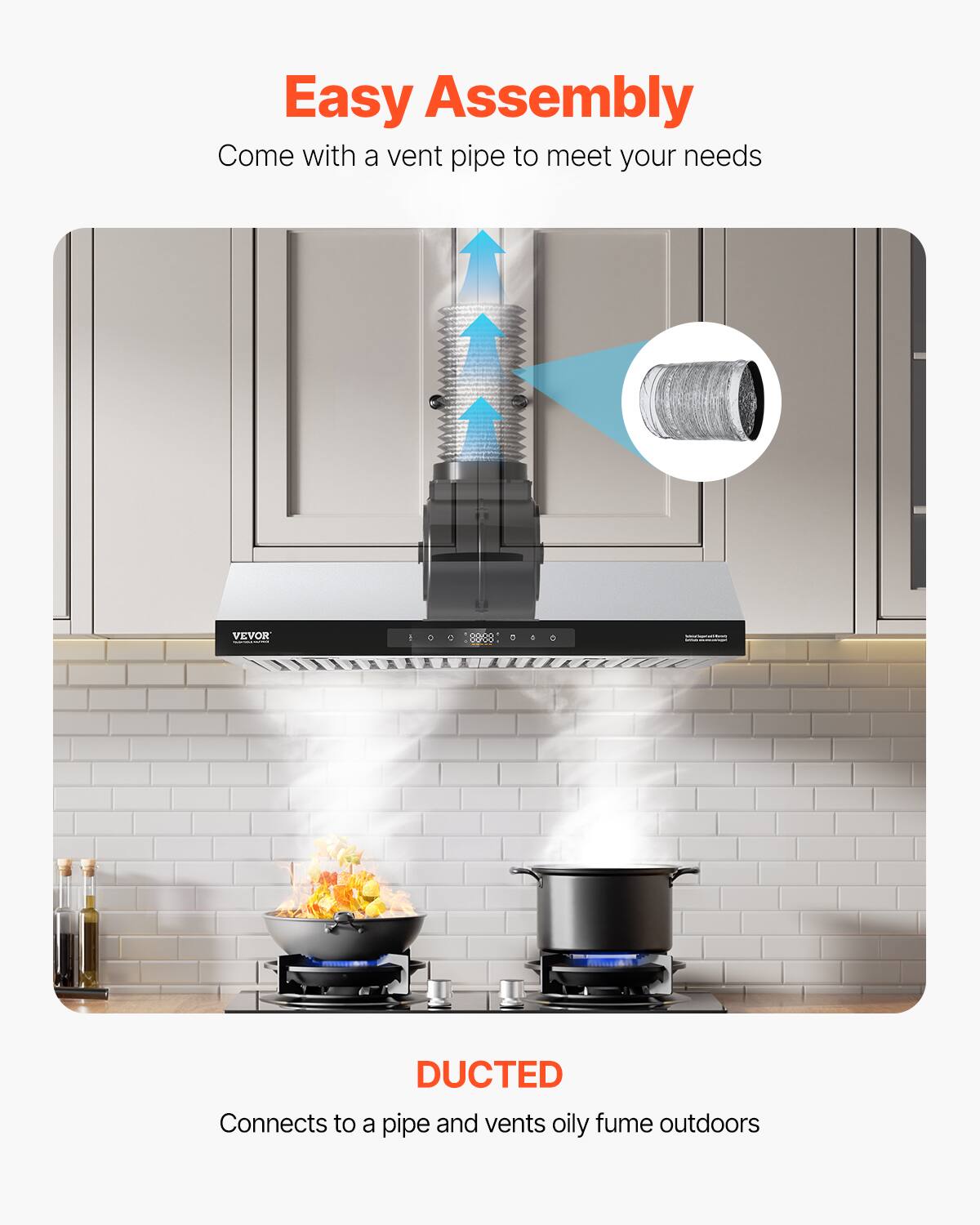 Easy Assembly  
Come with a vent pipe to meet your needs  

DUCTED  
Connects to a pipe and vents oily fume outdoors