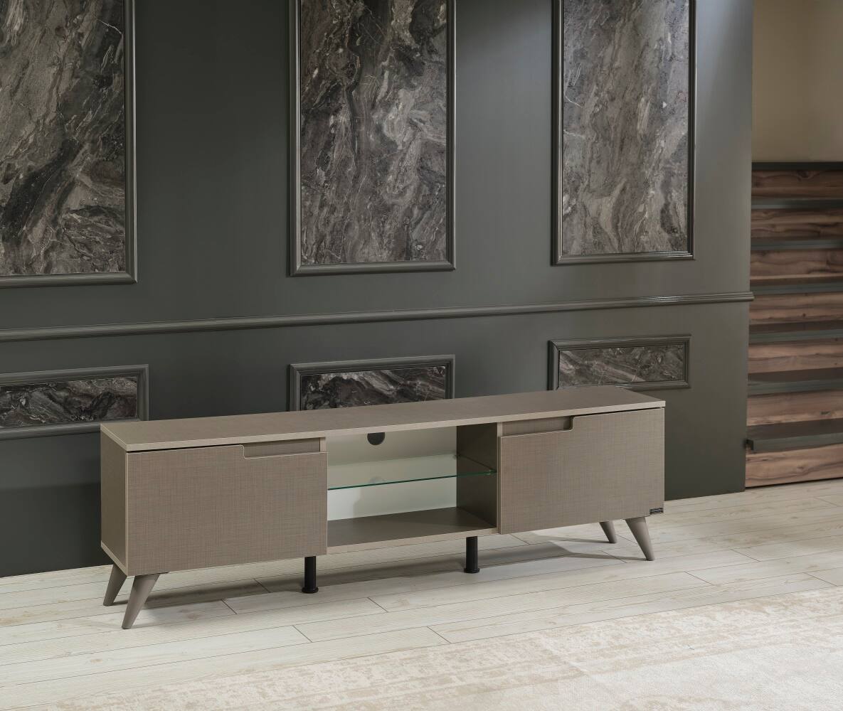 Front. APRILSOUL - FurnisHome Store Denver Mid Century Modern Tv Stand 2 Door Cabinets 1 Glass Shelf 66 inch Tv Unit Brown - Brown.