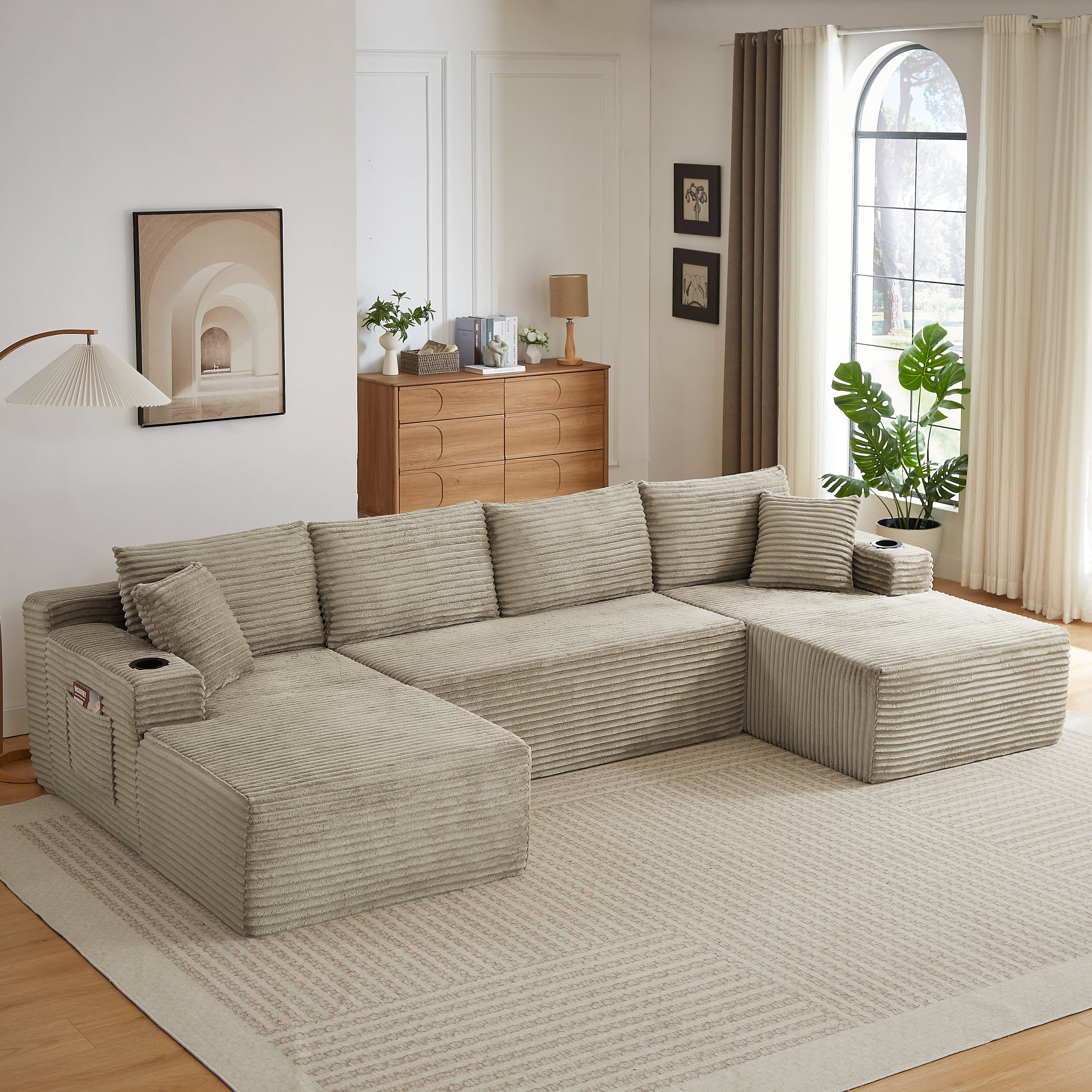 Front. Aukfa - U-Shaped Sectional Sofa Set - Minimalist Modular Design, Corduroy Cloud Couch for Living Room - Camel.