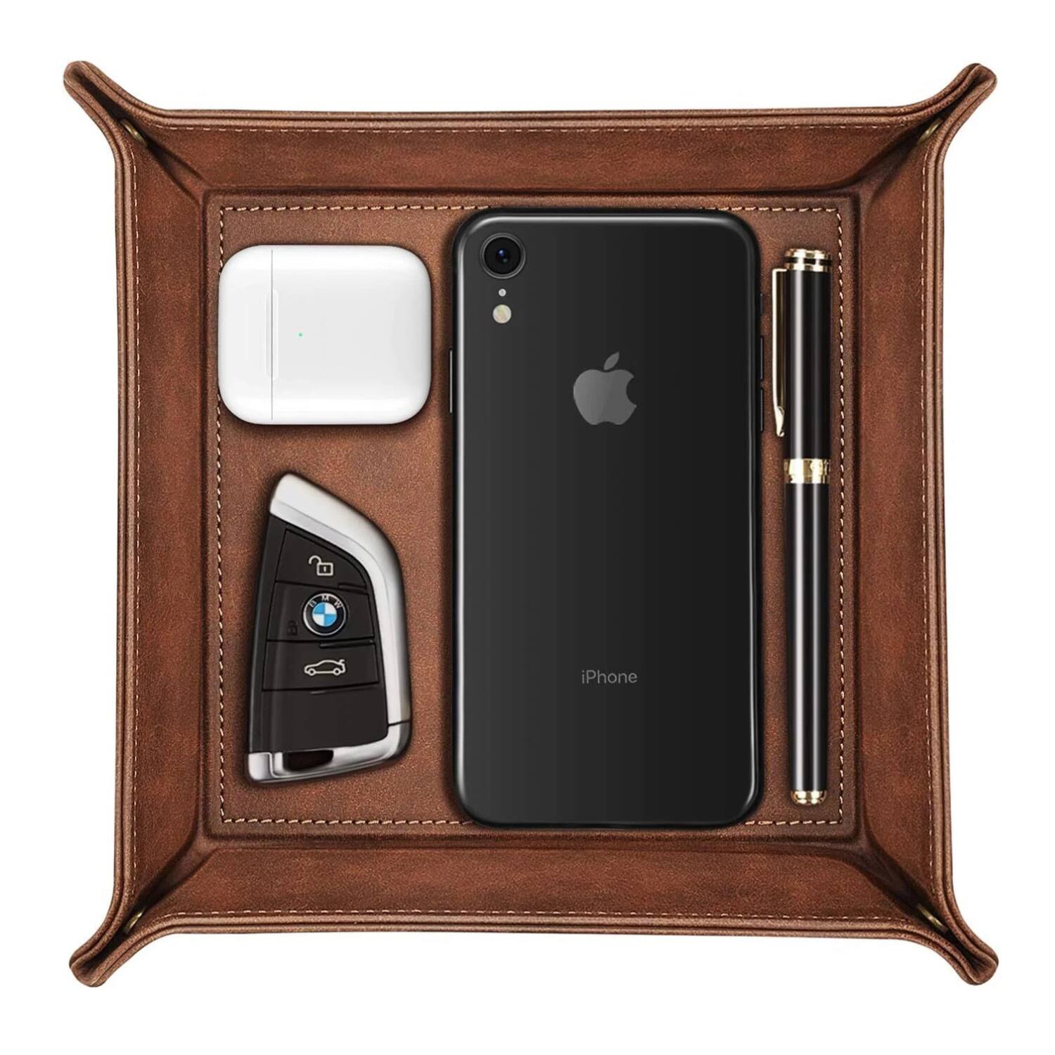 Front. Stock Preferred - Valet Tray PU Leather Desktop Storage Organizer - Brown.