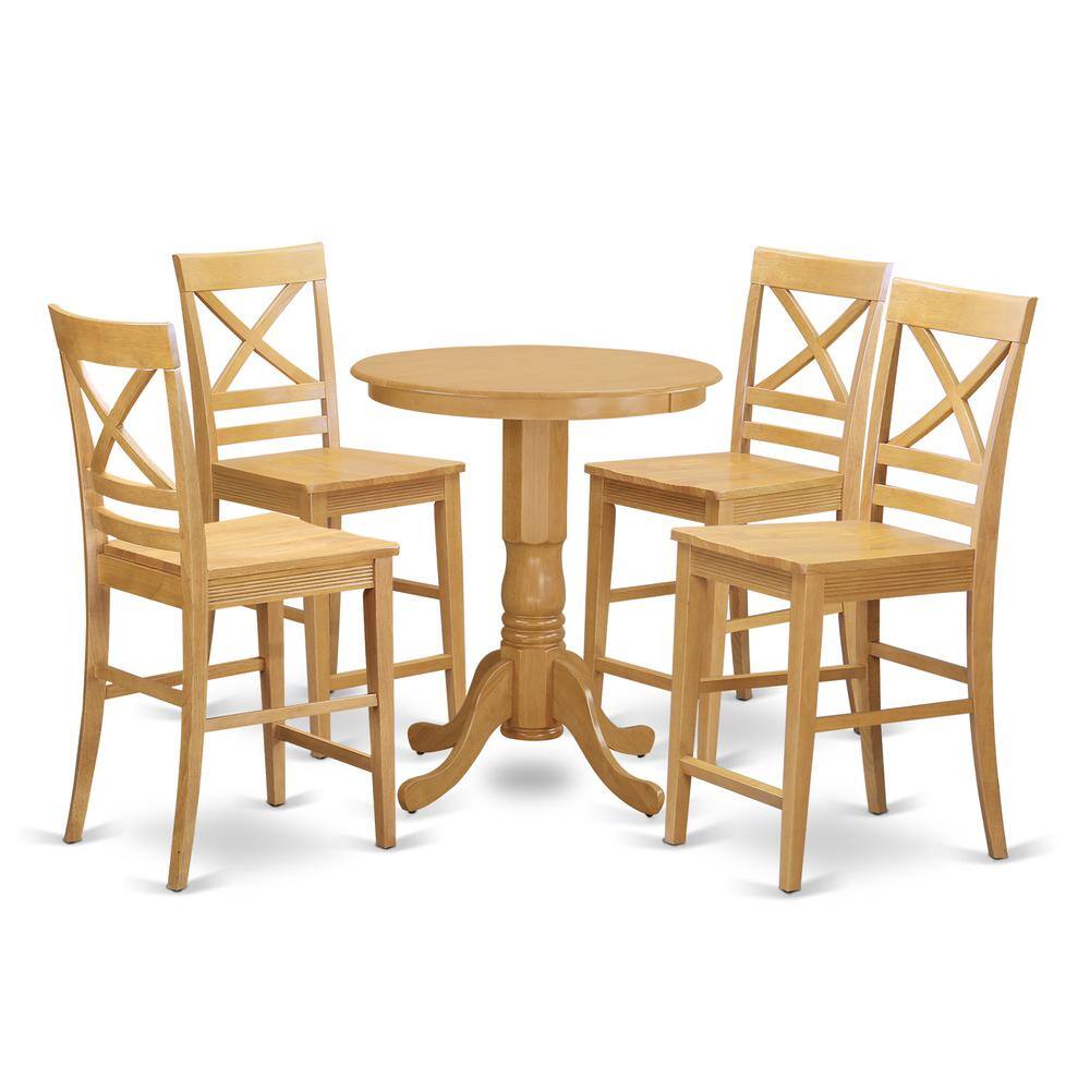 Back. East West Furniture - 5 Pc counter height pub set - Dining Table and 4 Kitchen bar stool. - Oak.