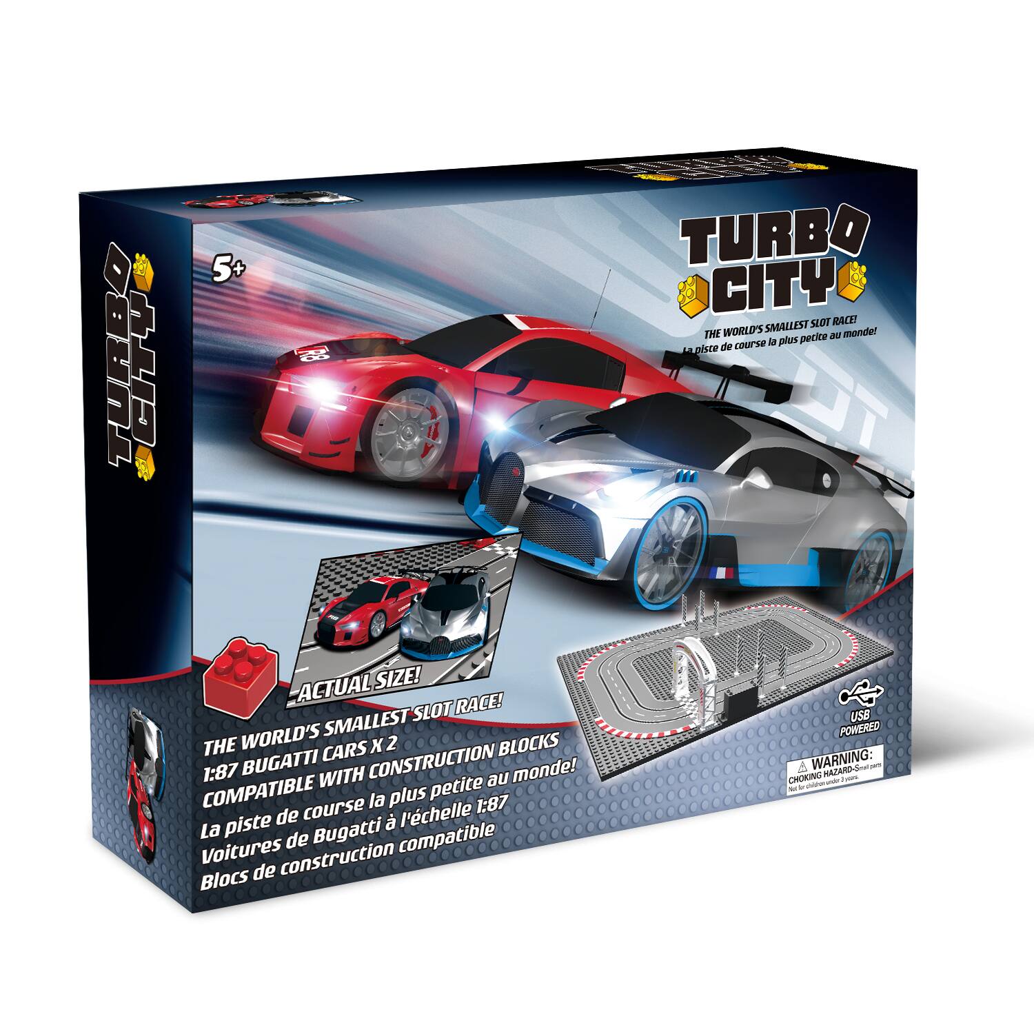 5+ TURBO CITY SLOT RACE! WORLD'S SMALLEST SLOT RACE! THE WORLD'S SMALLEST SLOT RACE! ACTUAL SIZE! 1:87 BUGATTI CARS X 2 COMPATIBLE WITH CONSTRUCTION BLOCKS La piste de course la plus petite au monde! Voitures de Bugatti à l'échelle 1:87 Blocs de construction compatible USB POWERED WARNING: CHOKING HAZARD - Small parts. Not for children under 3 years.