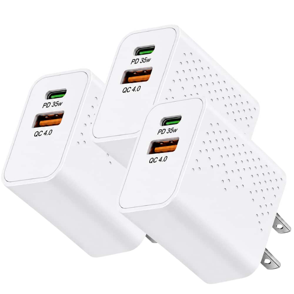 Qixxronics - USB-C USB-A Port Super Fast Charger Block 35W for iPhone, Apple Watch, iPad, Samsung Galaxy, Google & More [3-Pack] - White