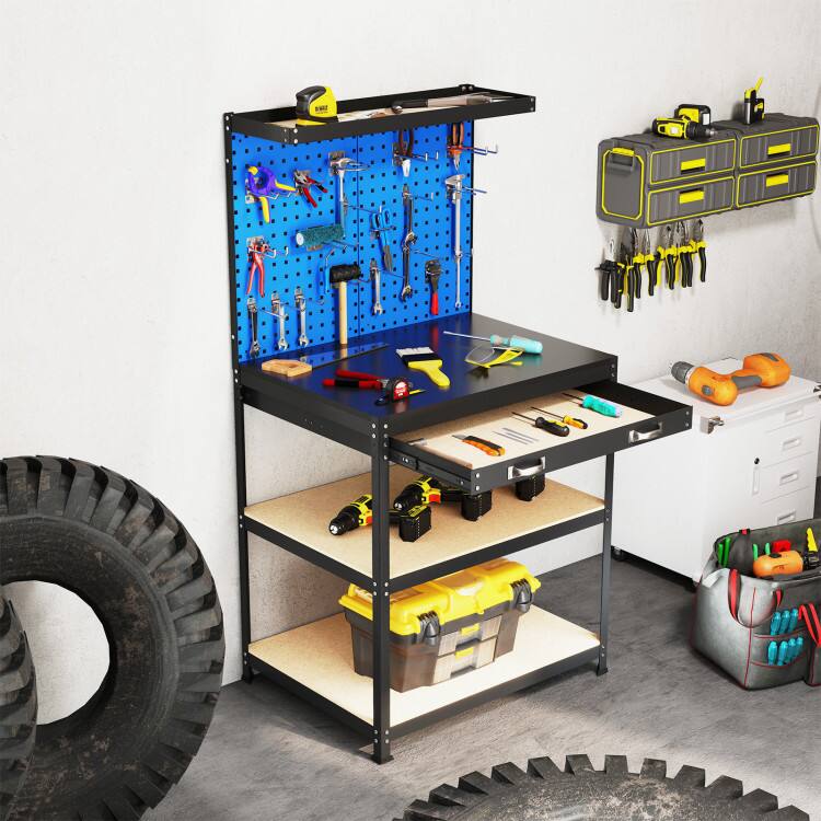 Alt View 3. SKONYON - 32 x 16 Inch Heavy Duty Workbench with Pegboard Drawer and Shelves.