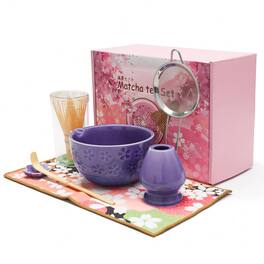 Adivo - Matcha Whisk Set 7-Piece with Ceramic Bowl, Bamboo Whisk, Scoop, Sifter & Holder | Japanese Matcha Ceremony Gift Kit - Purple