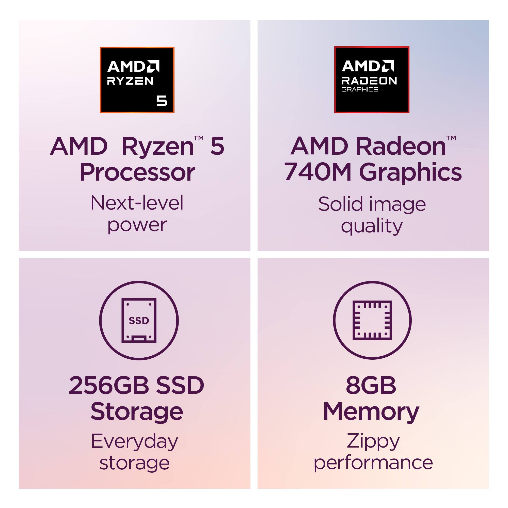 AMD Ryzen 5 Processor  
Next-level power  

AMD Radeon 740M Graphics  
Solid image quality  

256GB SSD Storage  
Everyday storage  

8GB Memory  
Zippy performance