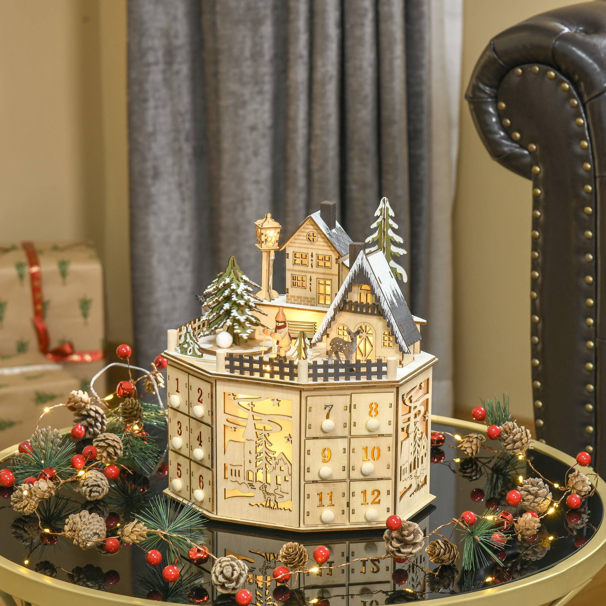 Alt View 7. Homcom - Christmas Advent Calendar, Light Up Table Wooden Decor w/ Countdown Drawers & Village - Natural Wood.