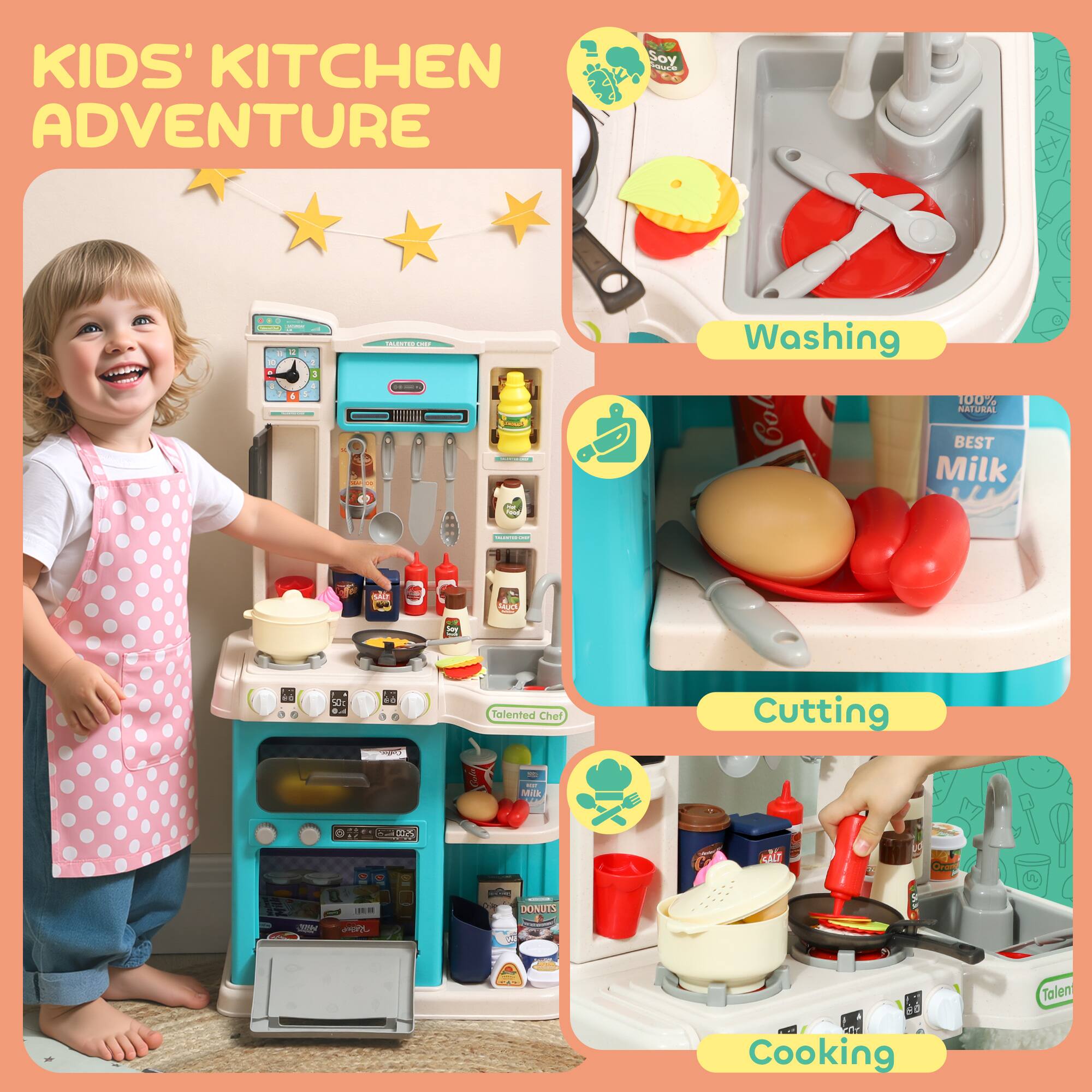 KIDS' KITCHEN ADVENTURE

49 Soy asics
- 5
THLENTED 2019 DAILY -
 1906
Washing 100% NATURAL Col BEST Milk
MINUTO -
SALT
SALICK
 joy

50c 0.4
DO 
Talented Chef
Cutting
ESP Milk,
 0
- 25:00
CALT
Oran
DONUTS
325

MINISHING
BOOK
Talen
2017  Cooking