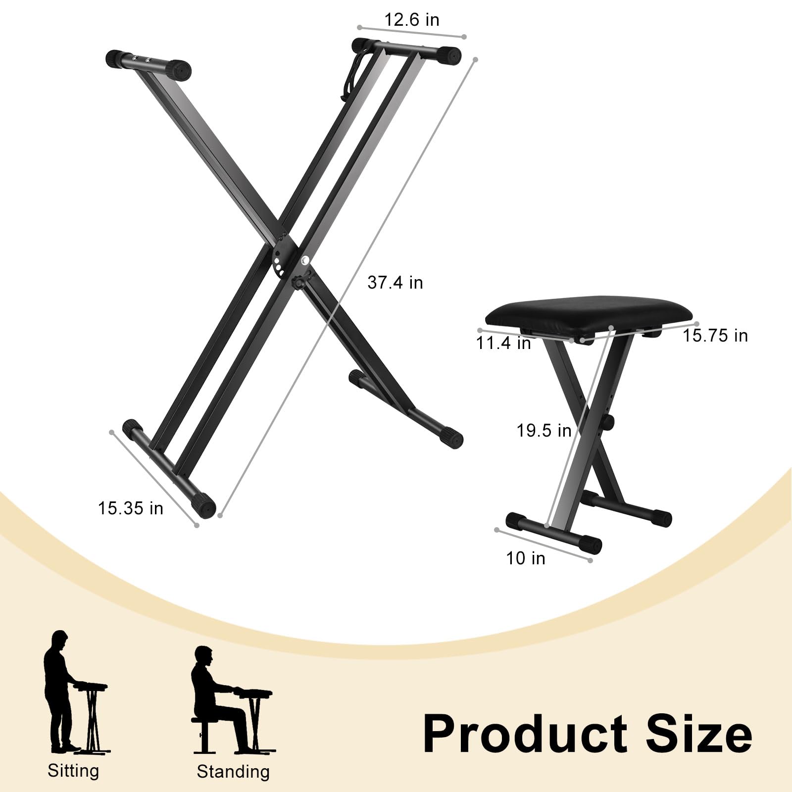 Sure, here is the corrected and grouped text from the image:

**Product Size**

- **Sitting:**
  - 12.6 in
  - 37.4 in
  - 11.4 in
  - 15.75 in
  - 15.35 in

- **Standing:**
  - 19.5 in
  - 10 in