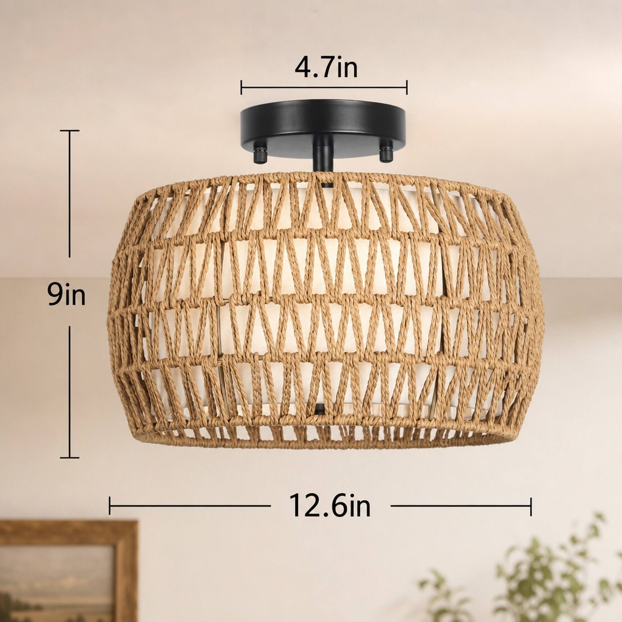 RYHNUYNE Boho Rattan Semi Flush Mount Ceiling Light – 2 in 1 Hand Woven ...