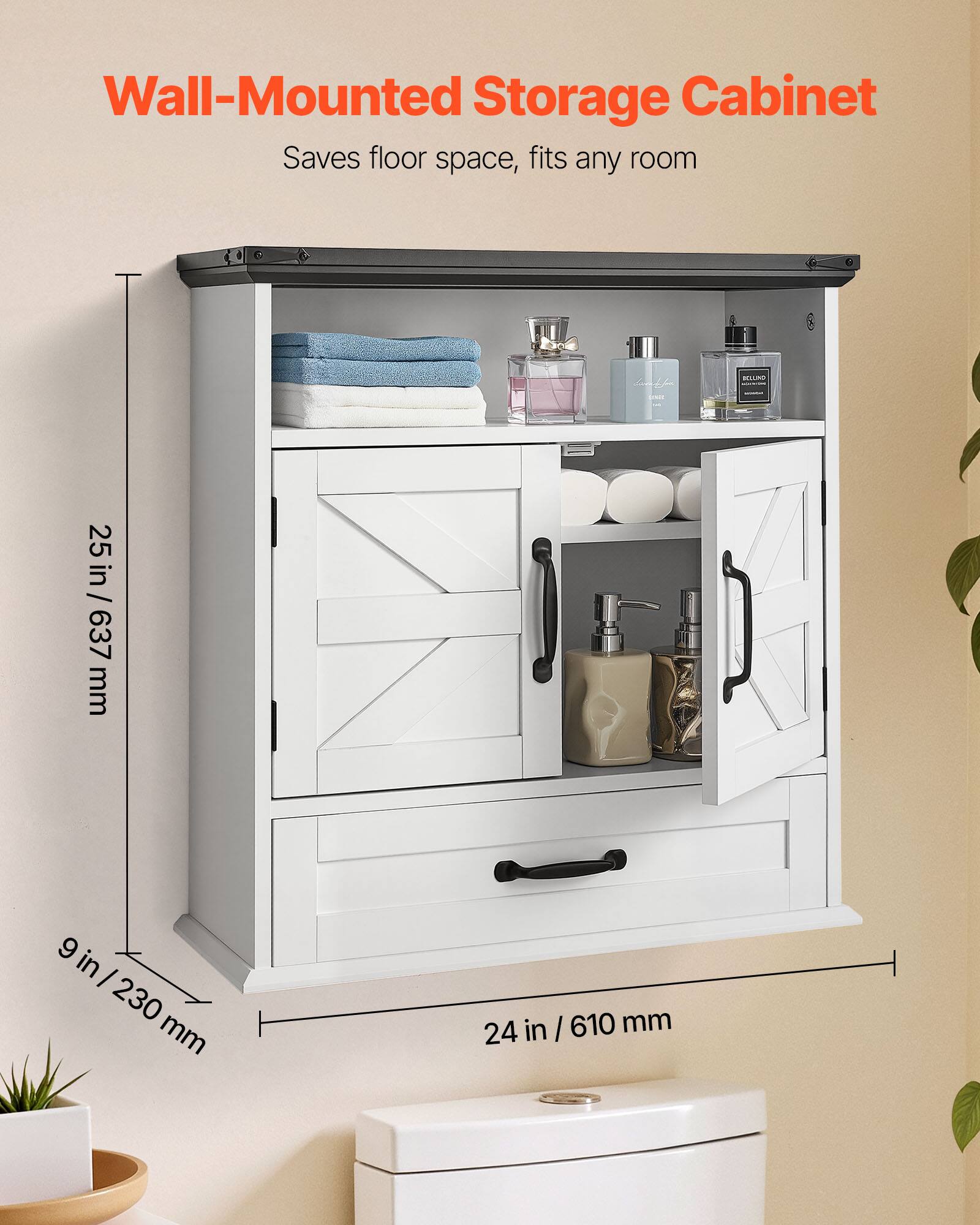 Wall-Mounted Storage Cabinet  
Saves floor space, fits any room  

25 in / 637 mm  
9 in / 230 mm  
24 in / 610 mm