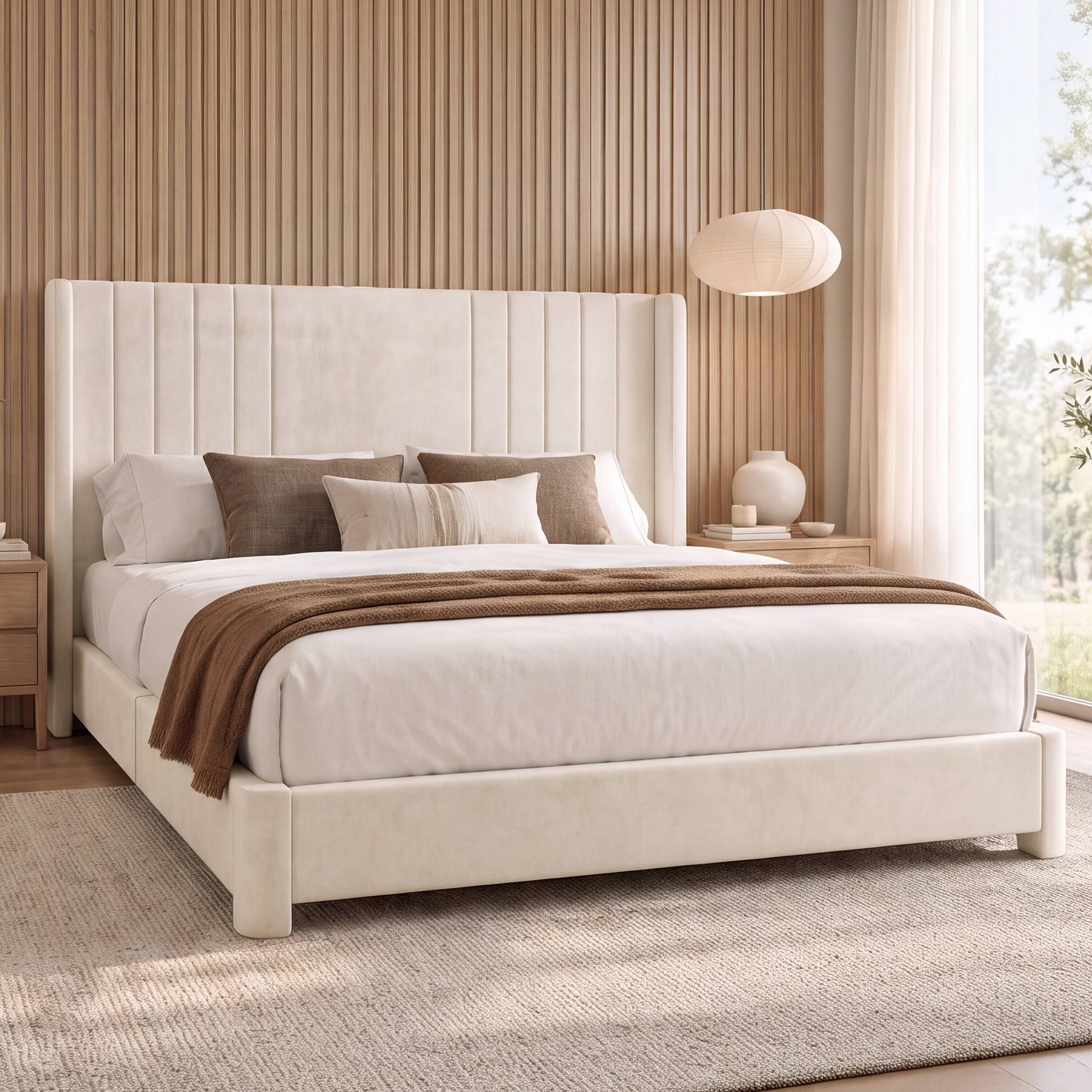Left. Vipbear - Velvet Highback Bed Frame, Upholstered Platform Bed with Sturdy Wood Slats, No Box Spring Needed, Noise-Free - Off-white.
