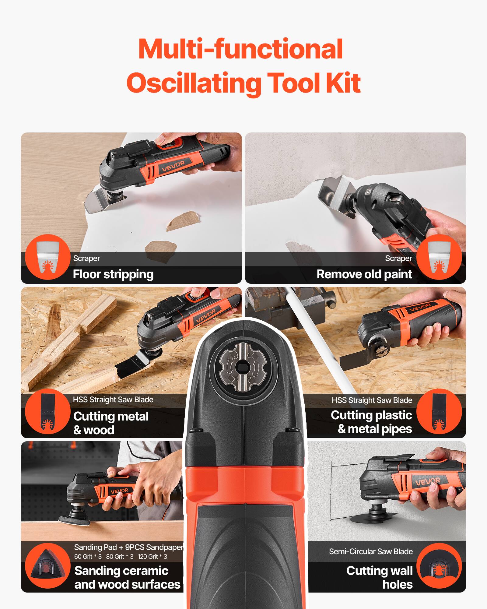 Multi-functional Oscillating Tool Kit

- Scraper
  - Floor stripping
  - Remove old paint

- HSS Straight Saw Blade
  - Cutting metal & wood
  - Cutting plastic & metal pipes

- Sanding Pad + 9PCS Sandpaper
  - 60 Grit * 3
  - 80 Grit * 3
  - 120 Grit * 3
  - Sanding ceramic and wood surfaces

- Semi-Circular Saw Blade
  - Cutting wall holes