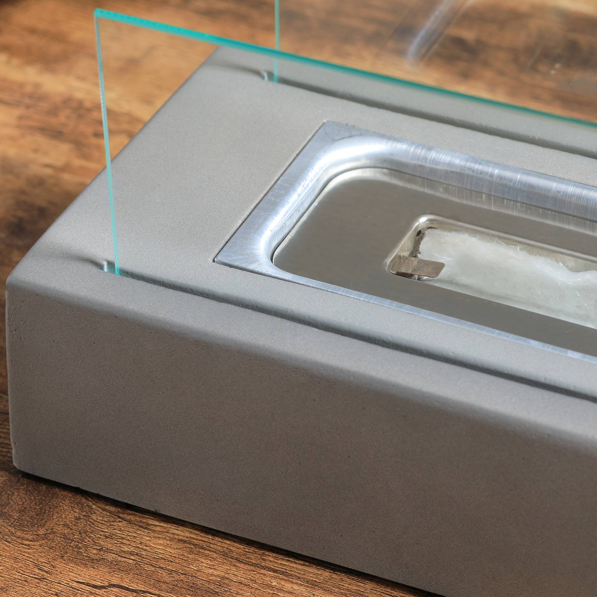 Angle. APRILSOUL - Tabletop Fireplace 13 Inch Concrete Alcohol Fireplace with Stainless Steel Lid for Indoor and Outdoor Light Grey.