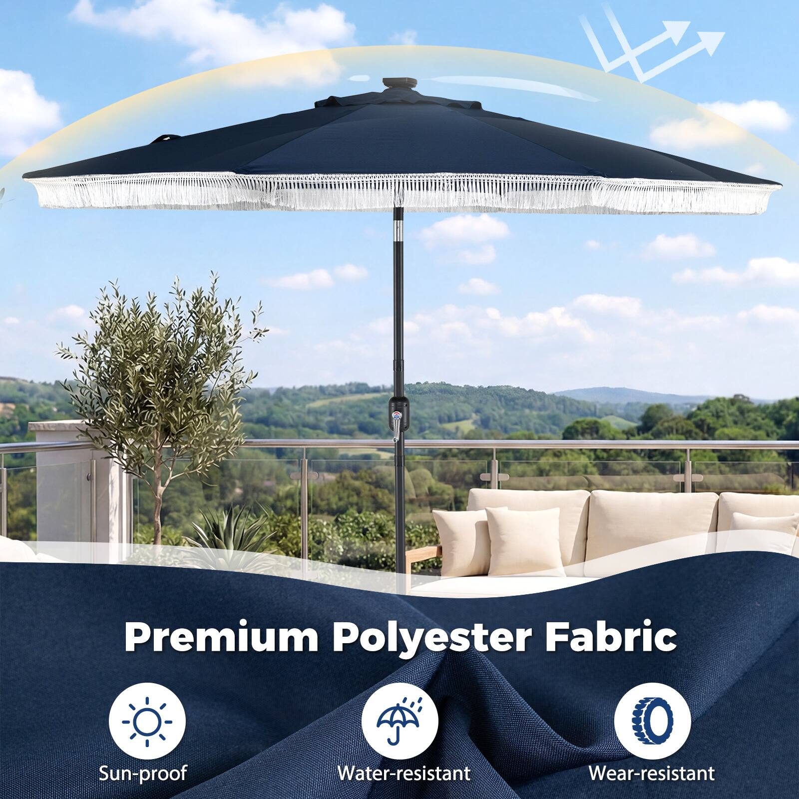 Premium Polyester Fabric  
Sun-proof  
Water-resistant  
Wear-resistant