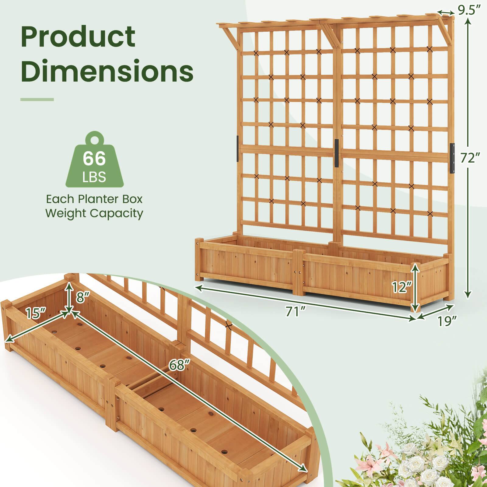 Product Dimensions  
9.5" X 66 LBS  
Each Planter Box Weight Capacity  
15" X 8" X 71" X 12" X 19" X 68"
