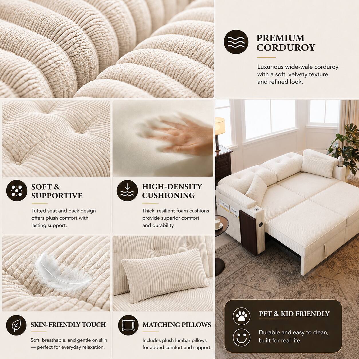 PREMIUM CORDUROY  
Luxurious wide-wale corduroy with a soft, velvety texture and refined look.  

SOFT & SUPPORTIVE  
Tufted seat and back design offers plush comfort with lasting support.  

HIGH-DENSITY CUSHIONING  
Thick, resilient foam cushions provide superior comfort and durability.  

SKIN-FRIENDLY TOUCH  
Soft, breathable, and gentle on skin - perfect for everyday relaxation.  

MATCHING PILLOWS  
Includes plush lumbar pillows for added comfort and support.  

PET & KID FRIENDLY  
Durable and easy to clean, built for real life.
