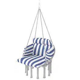 Outsunny - Swing Chair, Macrame Hanging Chair with Large Cushion, Chain, Steel Frame for Indoor Outdoor Use - Blue and White