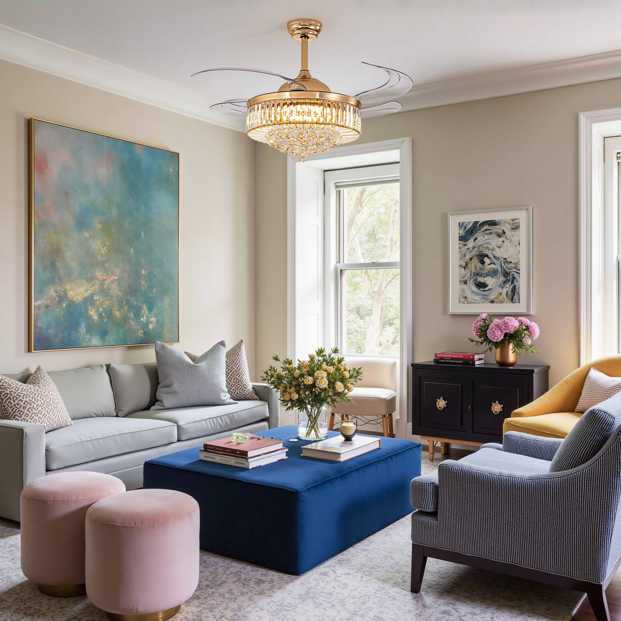 Alt View 7. Siljoy - 48-Inch Gold Modern Crystal Retractable Ceiling Fan with LED Light for Living Room Bedroom Kitchen - Gold.