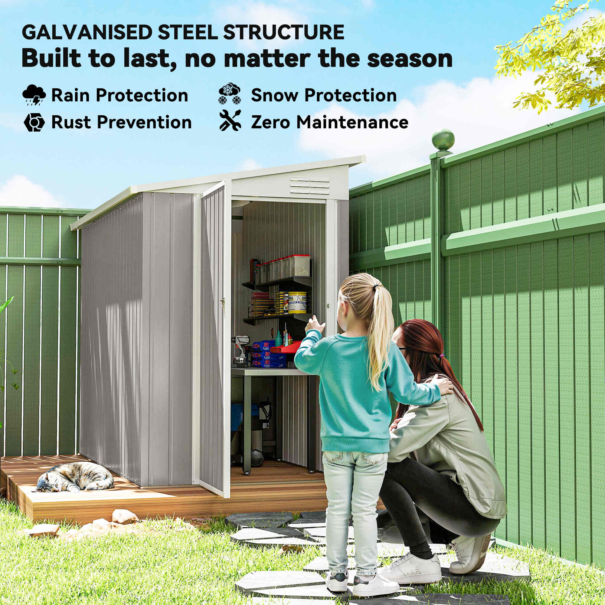 GALVANISED STEEL STRUCTURE  
Built to last, no matter the season  

- Rain Protection  
- Snow Protection  
- Rust Prevention  
- Zero Maintenance