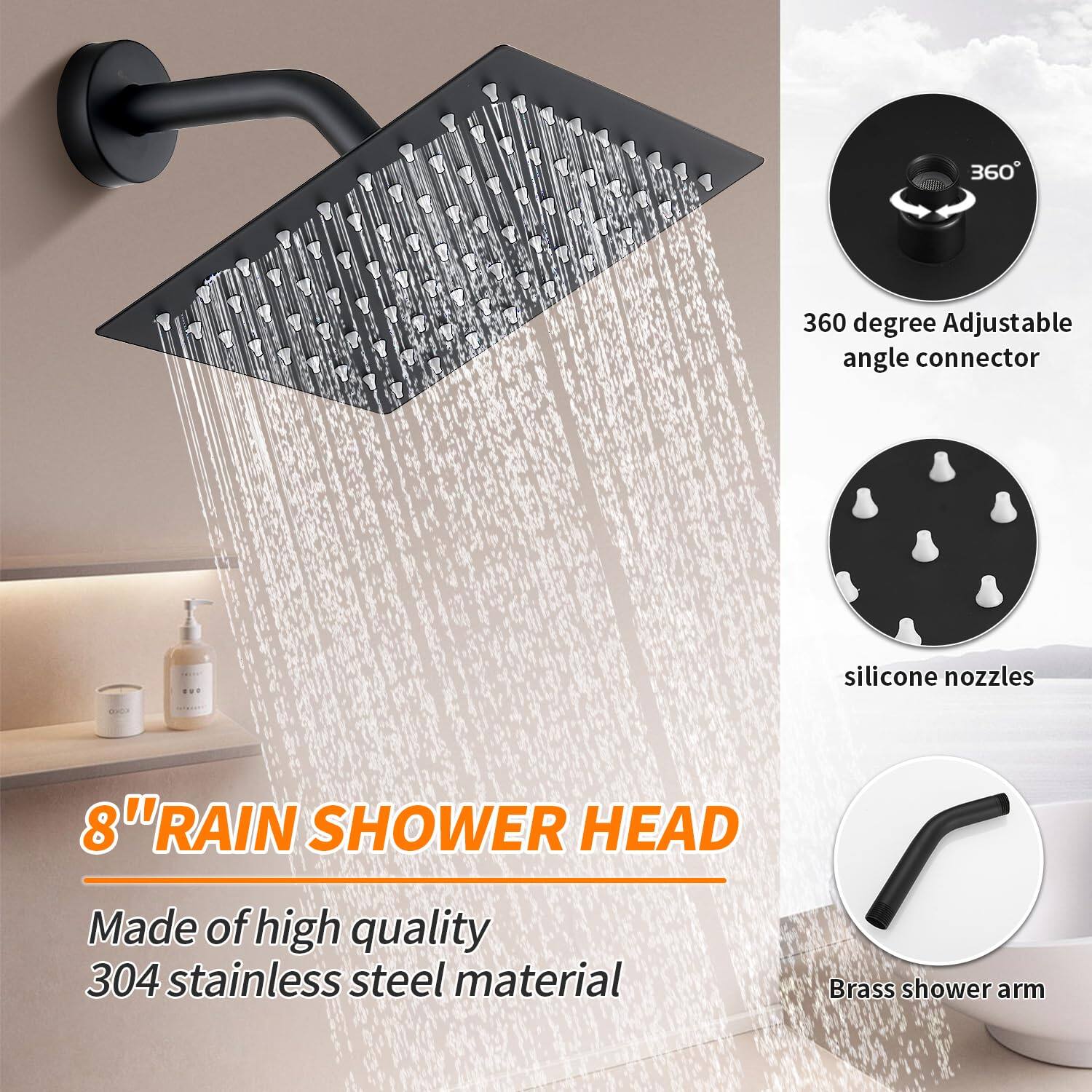 Black Tub Shower Faucet Set – 8in Rain Shower Head, Mixer Valve, Tub Spout – Xifumixertaps US0122, Matte Finish