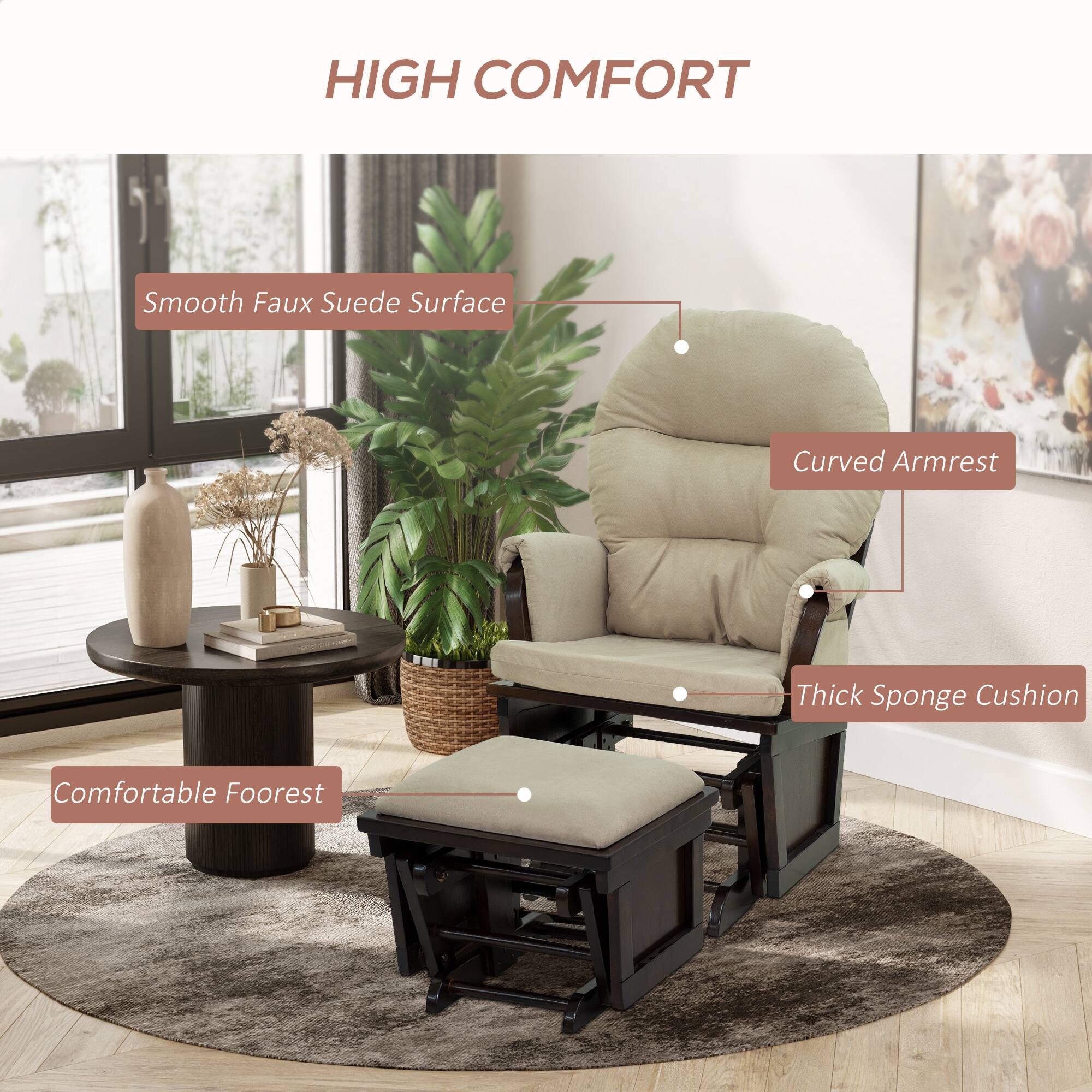 HIGH COMFORT

- Smooth Faux Suede Surface
- Curved Armrest
- Thick Sponge Cushion
- Comfortable Footrest