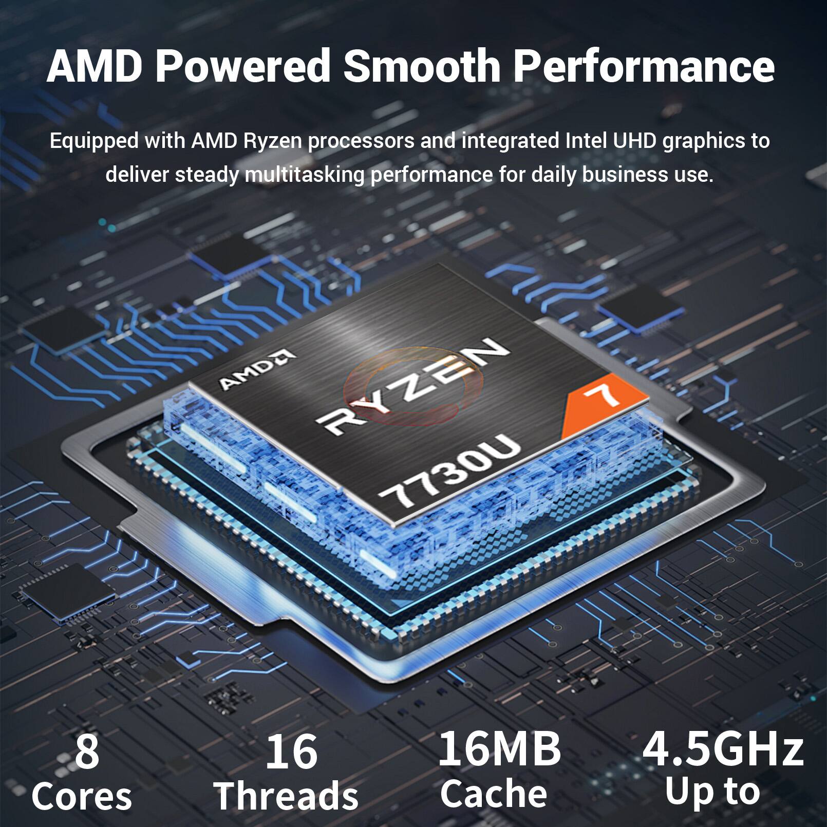 AMD Powered Smooth Performance  
Equipped with AMD Ryzen processors and integrated Intel UHD graphics to deliver steady multitasking performance for daily business use.  
AMD Ryzen 7 7730U  
8 Cores  
16 Threads  
16MB Cache  
Up to 4.5GHz