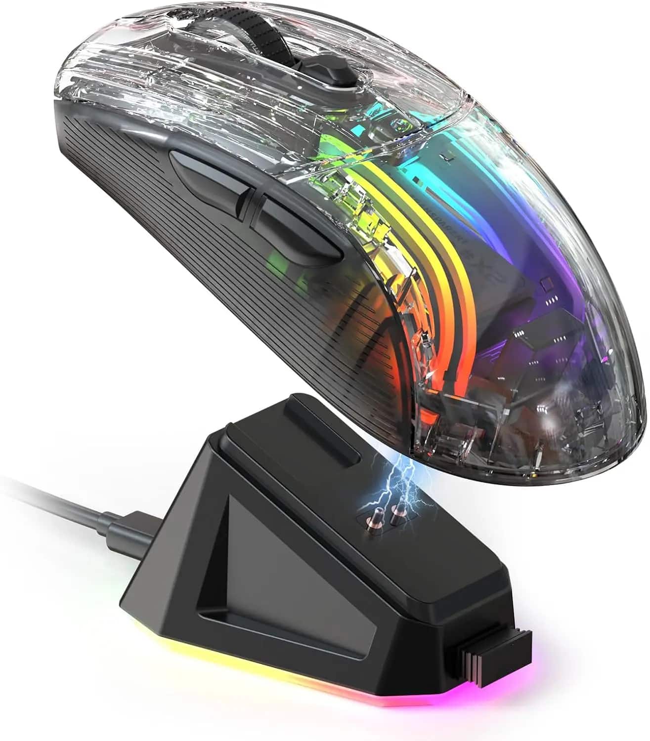 PRIMEPLUS - Wireless Gaming Mouse with RGB Charging Dock,Tri-Mode Mute Mouse RGB Backlit,Transparent Shell,PixArt 3212 - Wireless - Black