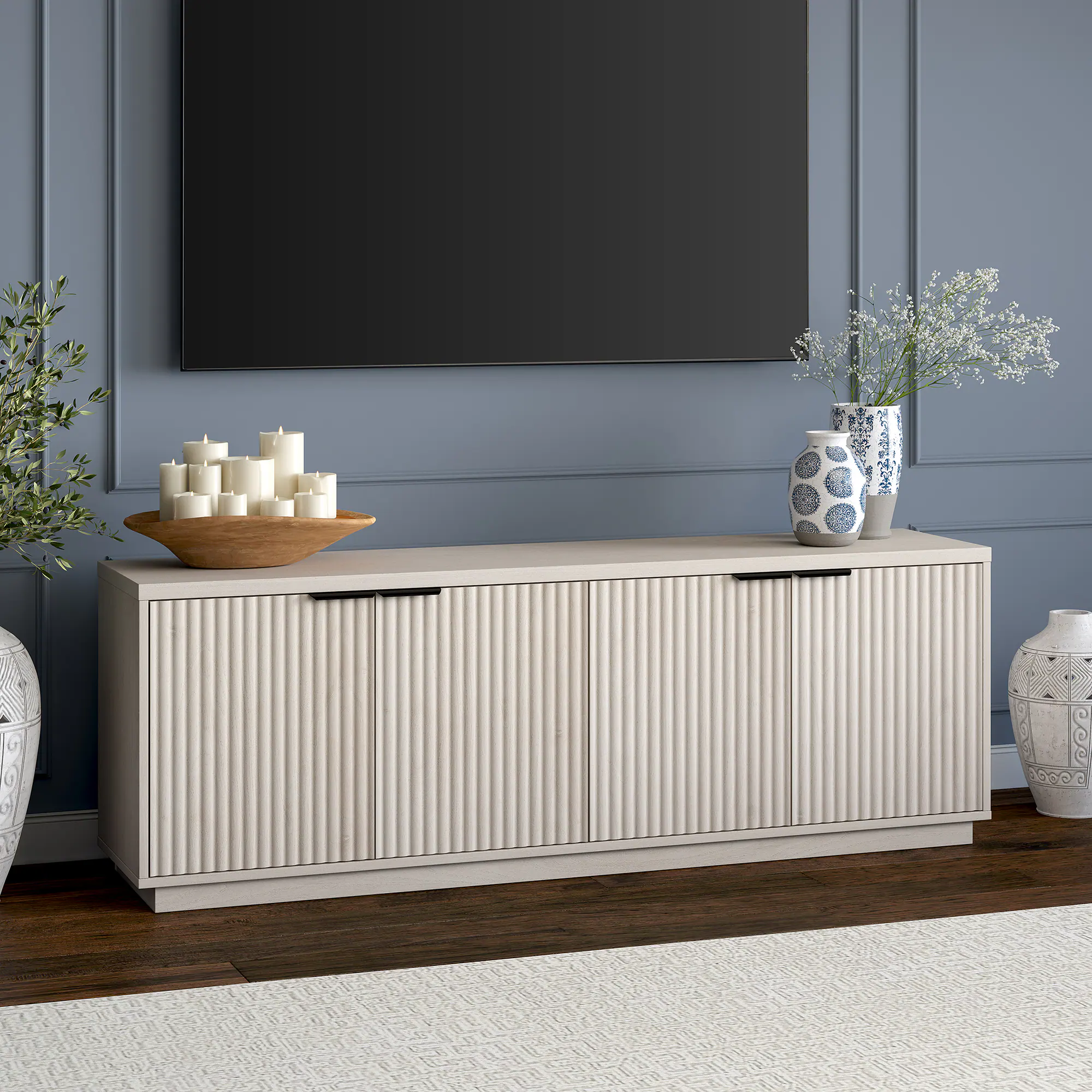 Alt View 3. Hudson&Canal - Mansfield Rectangular Fluted TV Stand for TV's up to 78" in Alder White - Alder White.