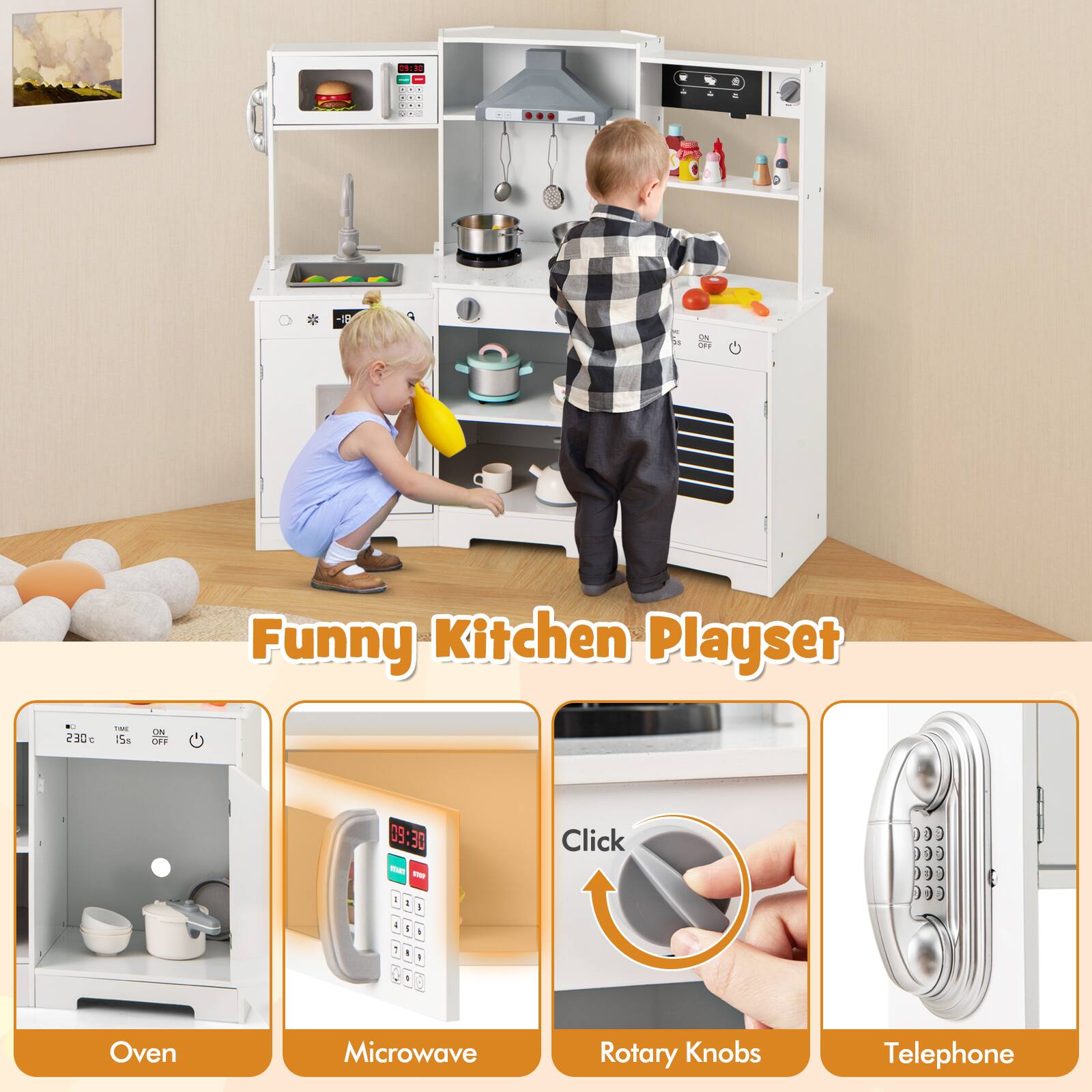 Funny Kitchen Playset

- Oven
- Microwave
- Rotary Knobs
- Telephone