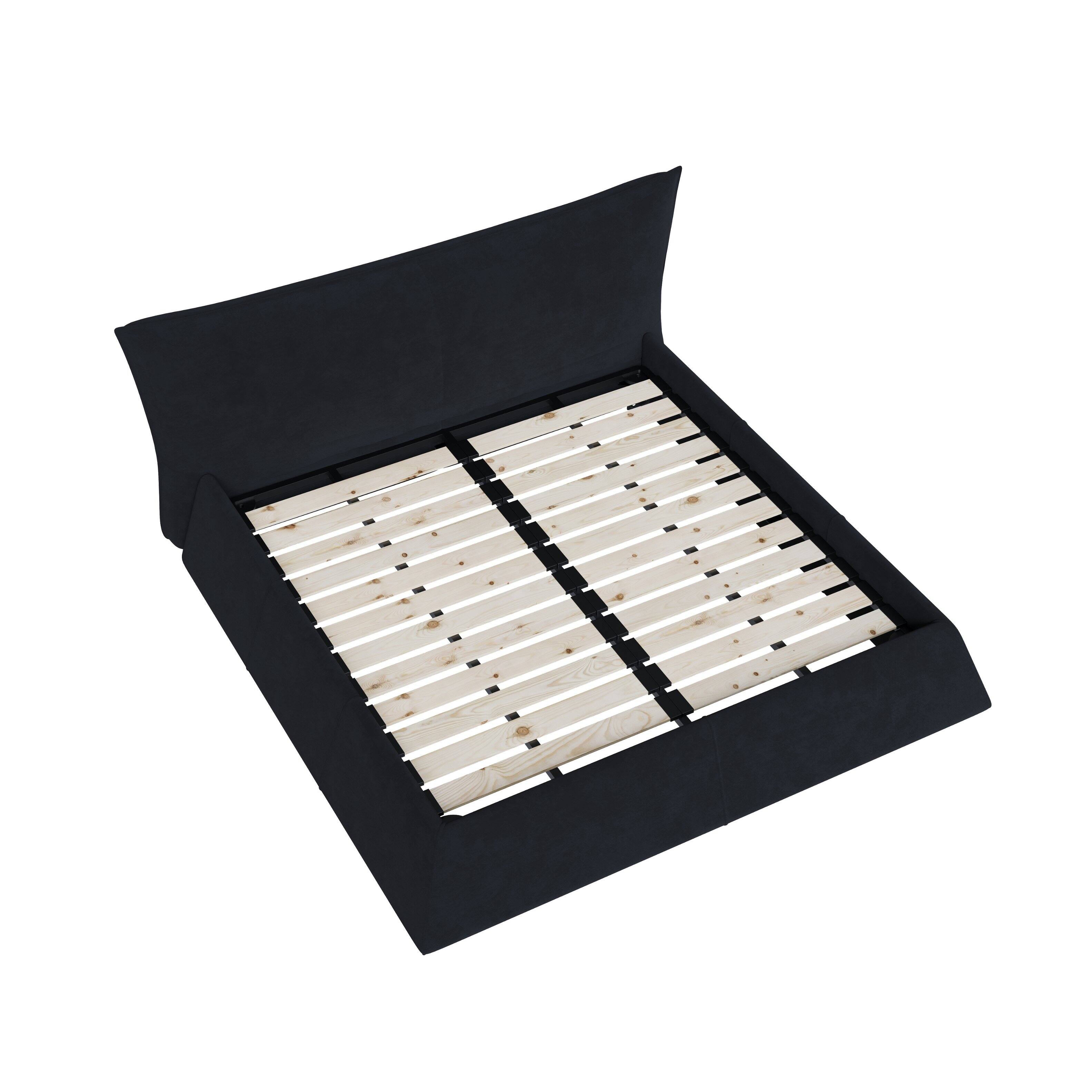 Alt View 4. Tiramisubest - King Size Upholstered Platform Bed, Special Shaped Velvet Headboard, Metal & Wood Frame, Black, 97x93x42 inches, 214 lbs - Black.