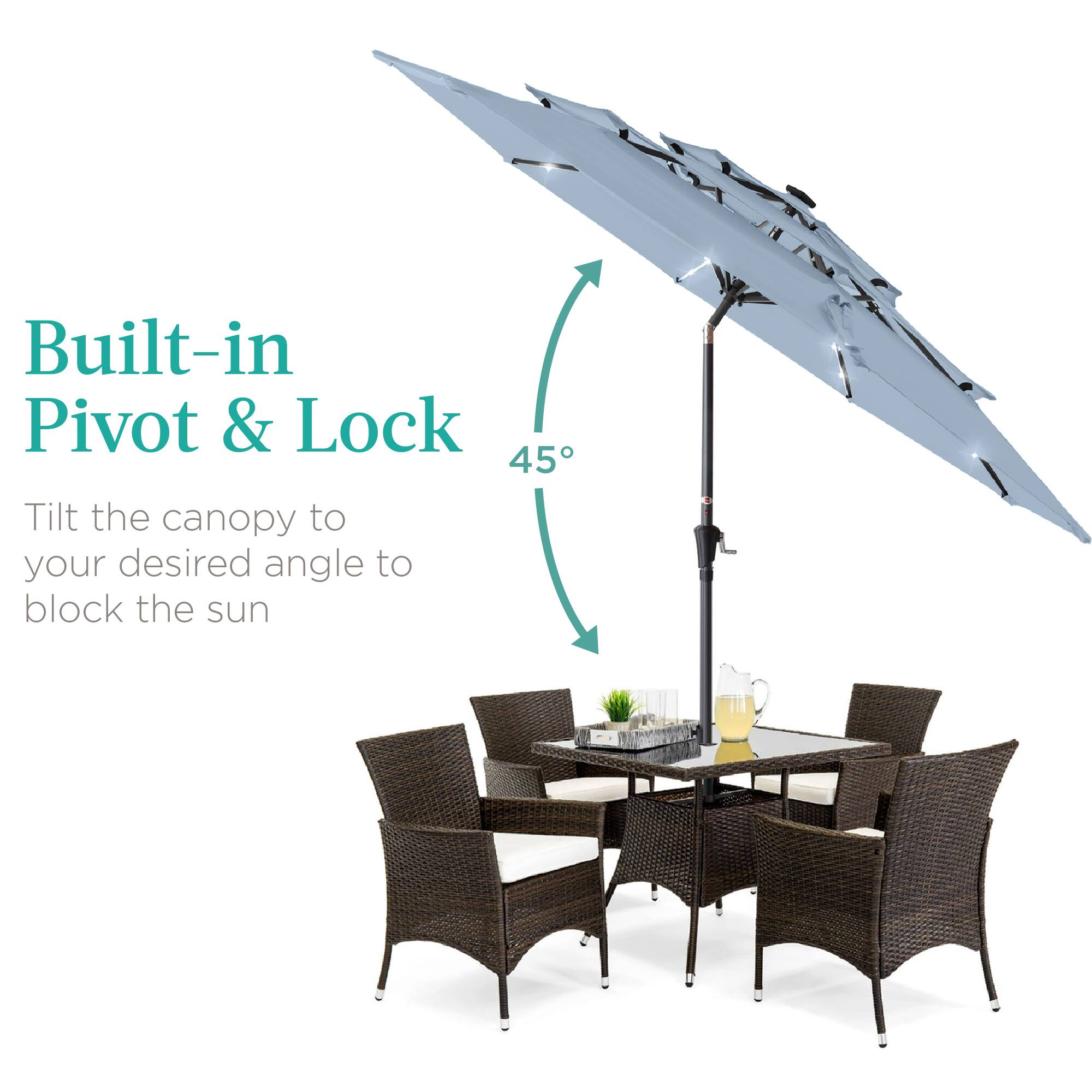 Built-in Pivot & Lock

Tilt the canopy to your desired angle to block the sun.