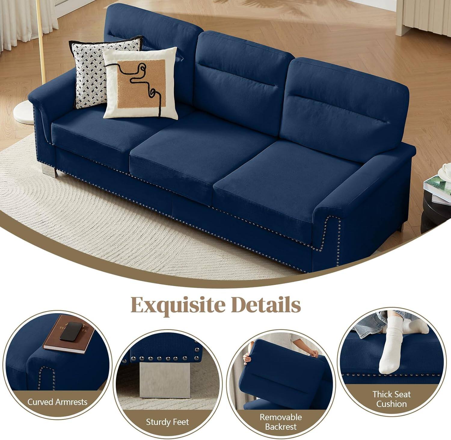 Exquisite Details

- Curved Armrests
- Sturdy Feet
- Removable Backrest
- Thick Seat Cushion