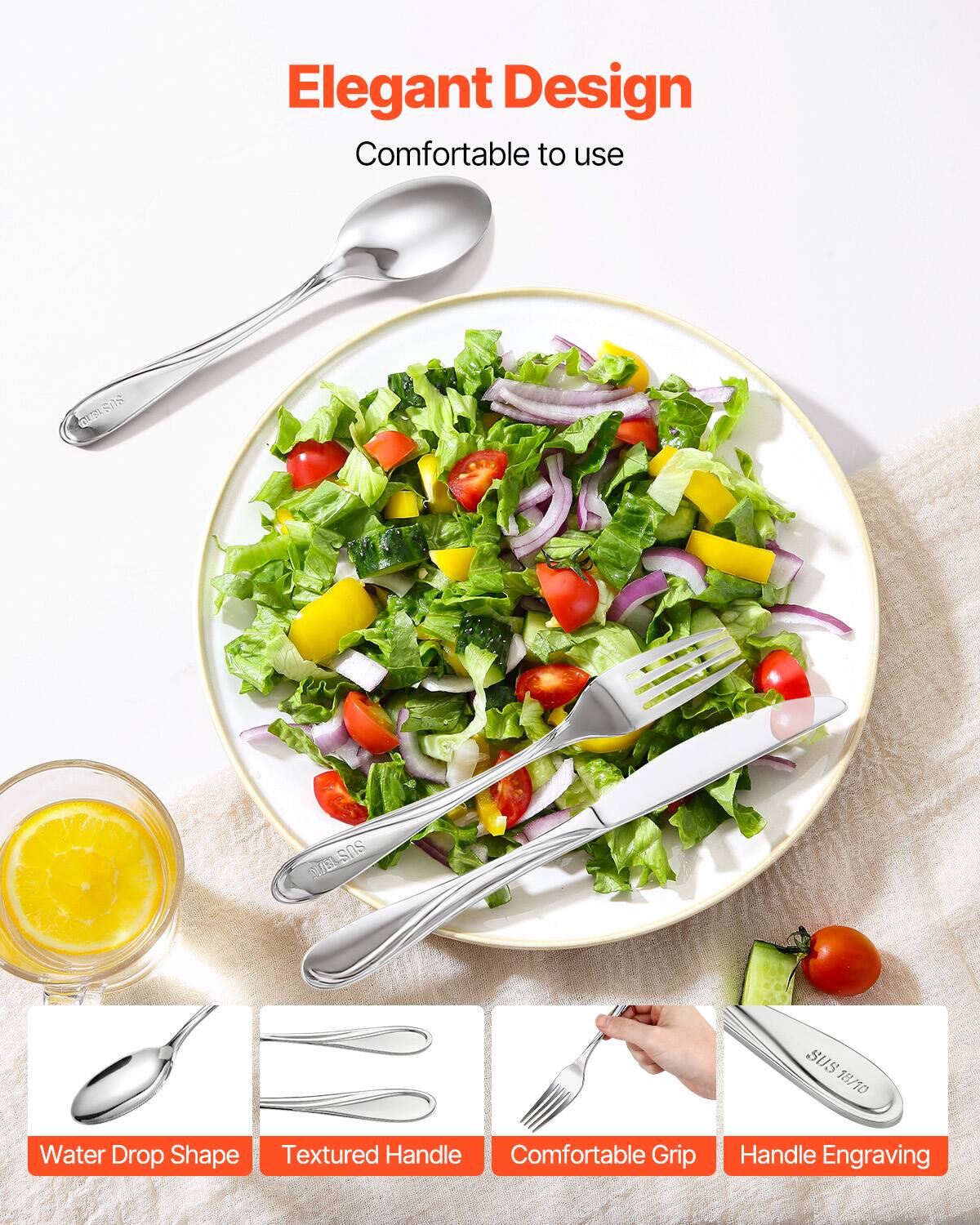 Elegant Design  
Comfortable to use  

- Water Drop Shape  
- Textured Handle  
- Comfortable Grip  
- Handle Engraving  

IE w/ESOS SUS 9/BL SUS 18/10