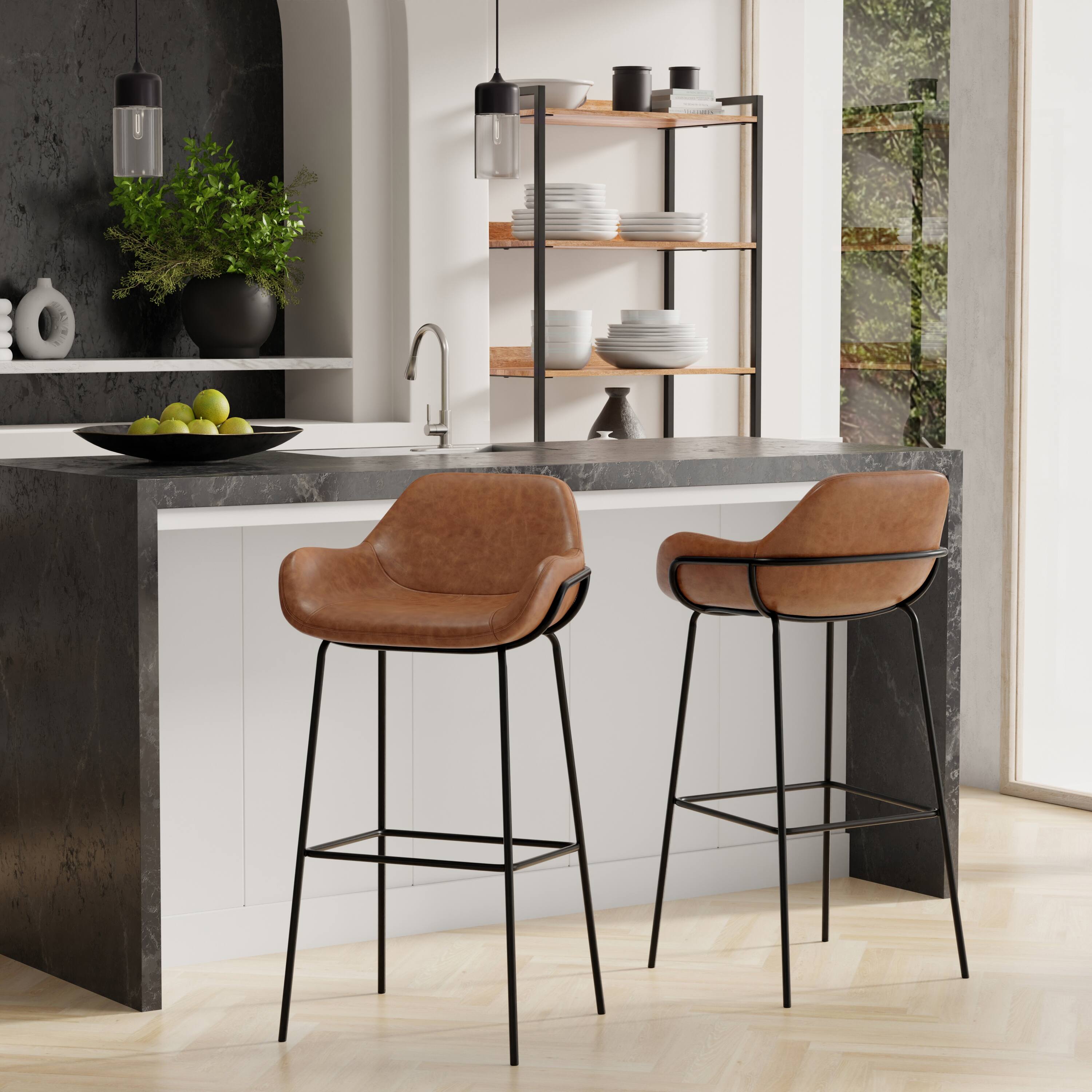 Angle. Simpli Home - Mira Contemporary Modern Bar Stool in Distressed Tan  Vegan Faux Leather - Distressed Tan.
