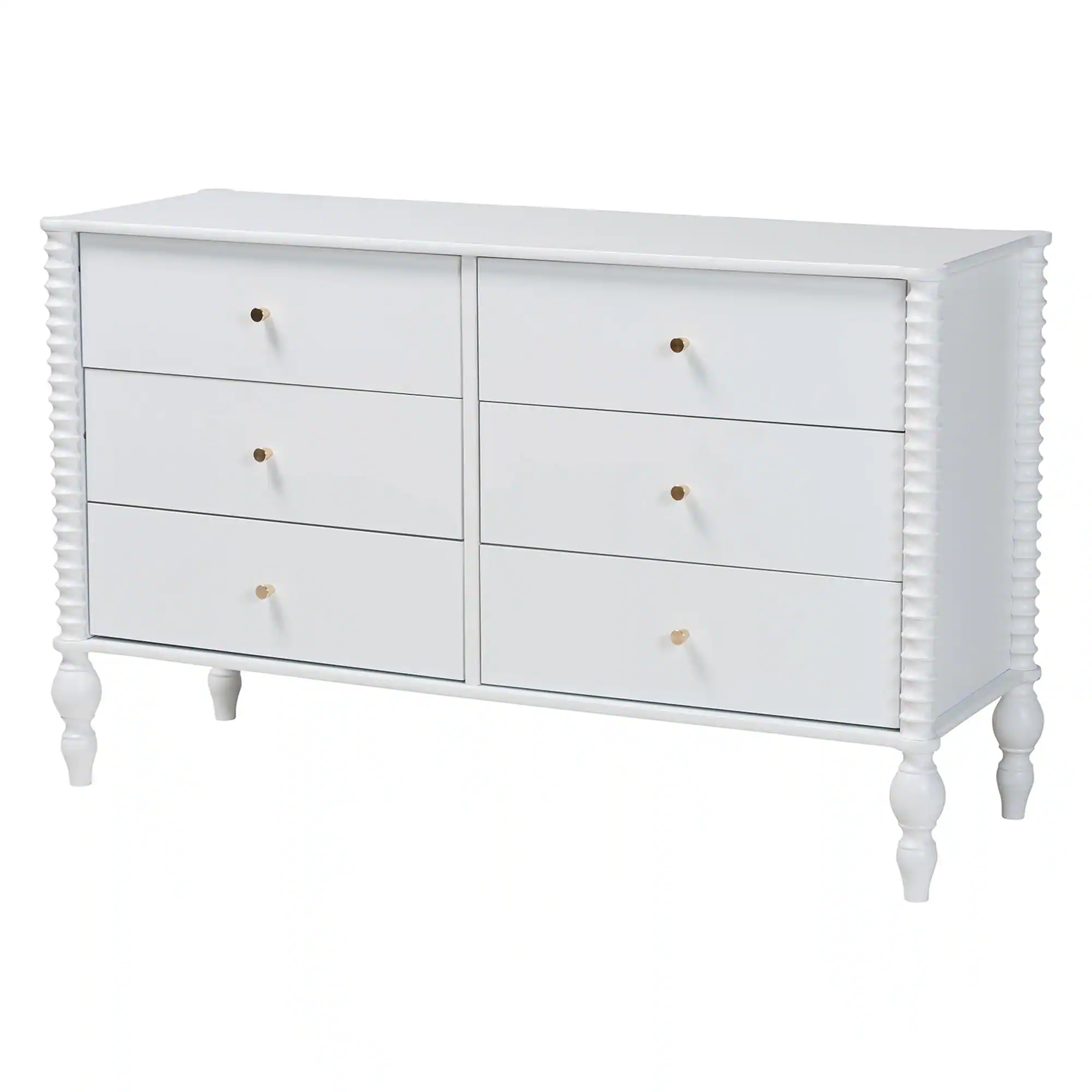 Alt View 2. Baxton Studio - Callison Spindle 5-Piece Bedroom Set - Platform Bed with Matching Dresser, Chest, and 2-Drawer Nightstands, Full - White.