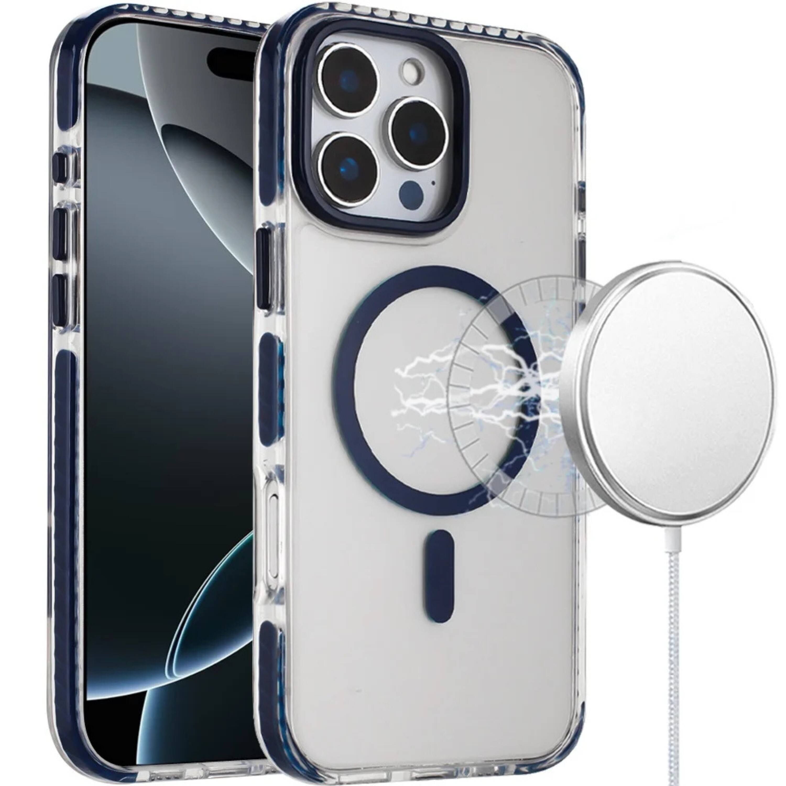 Front. Kitcheniva - High Gloss Transparent Magnetic Circle Case With Tempered Glass For iPhone 16 Pro Max Blue - Blue.