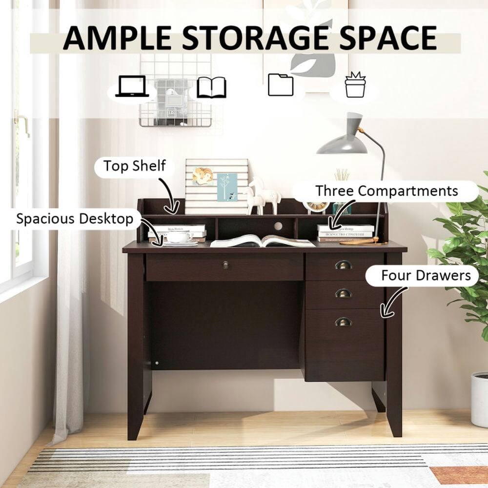 AMPLE STORAGE SPACE

- Top Shelf
- Spacious Desktop
- Three Compartments
- Four Drawers