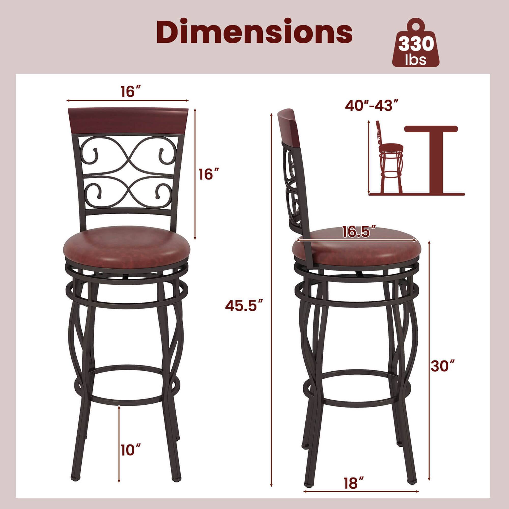 Dimensions:  
- Weight: 330 lbs  
- Seat Height: 16"  
- Back Height: 16"  
- Overall Height: 40"-43"  
- Seat Diameter: 16.5"  
- Overall Width: 45.5"  
- Base Width: 30"  
- Base Depth: 10"  
- Base Height: 18"