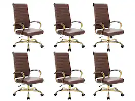 LeisureMod - Set of 6 Benmar Modern High-Back Leather Conference Office Chair with Gold Steel Frame, Swivel, and Tilt - Brown