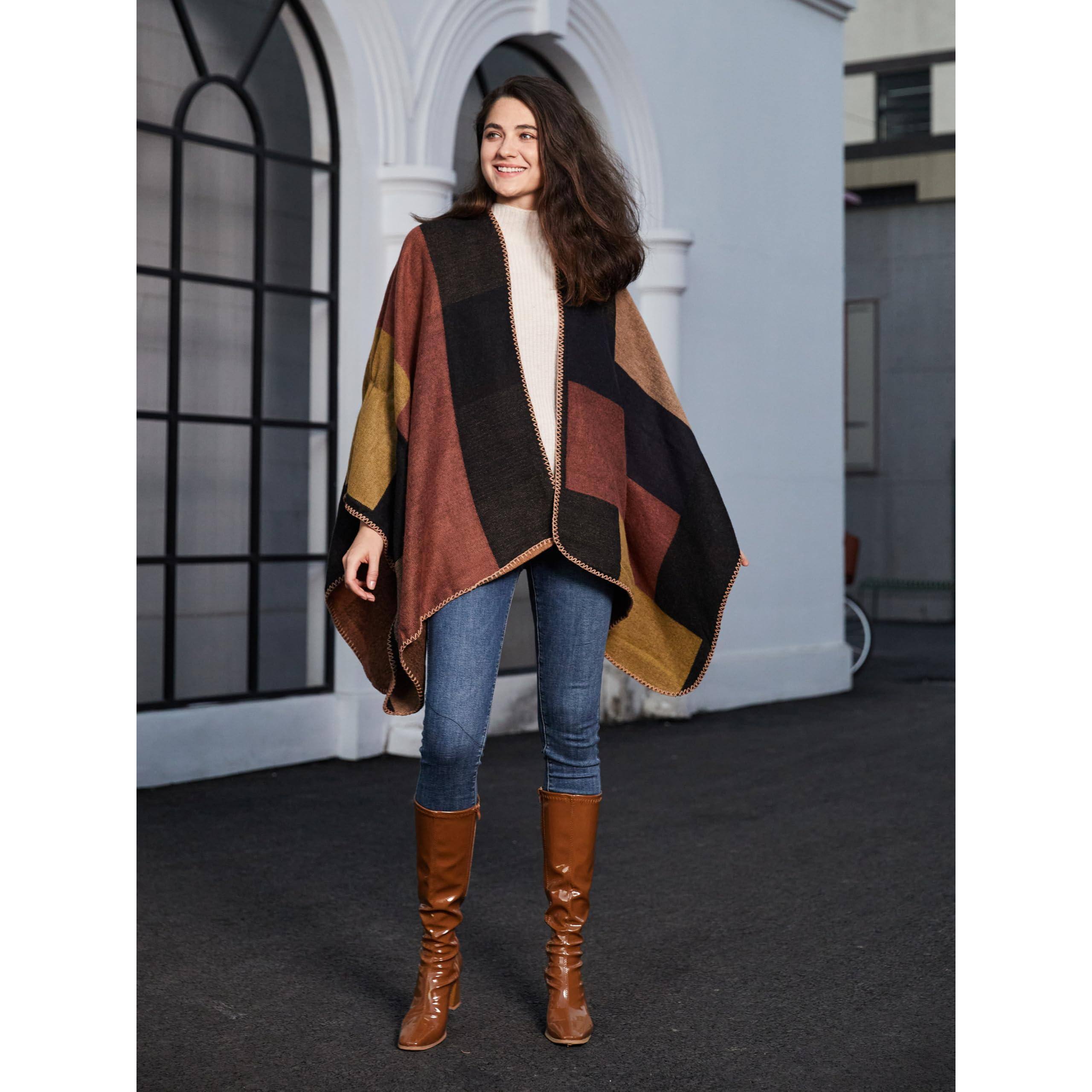 Alt View 3. Pacoar Cade - Women's Printed Shawl Wrap Fashionable Open Front Poncho Cape Gift For Women 【EXTRA SURPRISE】 poncho cape for women, - A-a Brown Black.