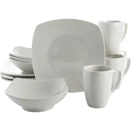 Front. Gibson - Gibson Zen Buffetware 12 Piece Square Dinnerware Plate, Bowl, & Mug Set, White - White (Soft Square).