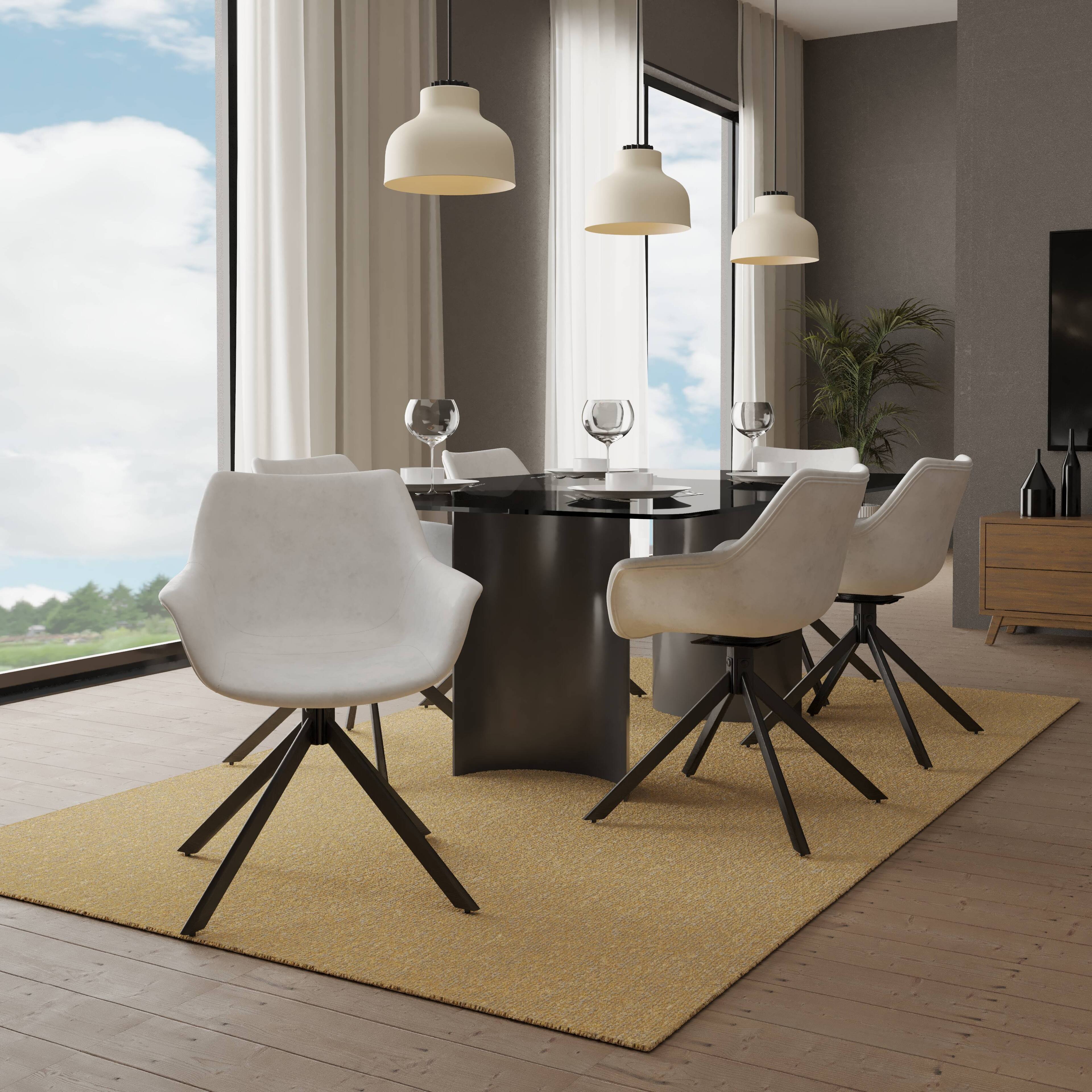 Left. LeisureMod - Markley 4-PCS Modern 360 Swivel Faux Leather Dining Armchair with Iron Legs - Light Grey.