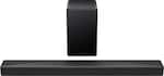 TCL is a company that manufactures and sells electronic products, such as televisions, soundbars, and speakers. In the image, there is a TCL soundbar and speaker system, which includes a subwoofer and two speakers. The soundbar is placed on a stand, and the speakers are positioned on either side of it. This setup provides a complete audio system for an entertainment system, enhancing the overall sound quality and experience for the user.