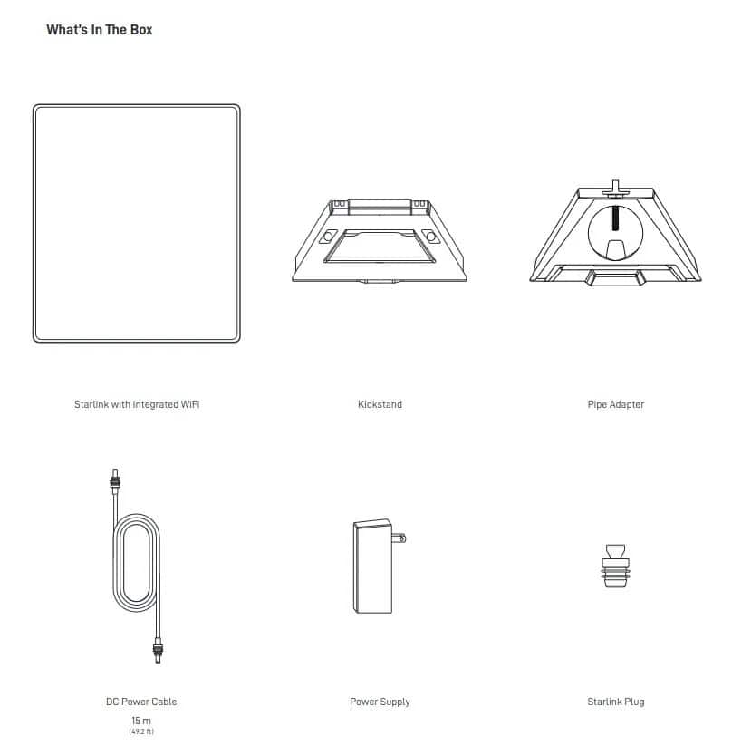 What's In The Box
- Starlink with Integrated WiFi
- Kickstand
- Pipe Adapter
- DC Power Cable (15 m / 49.2 ft)
- Power Supply
- Starlink Plug